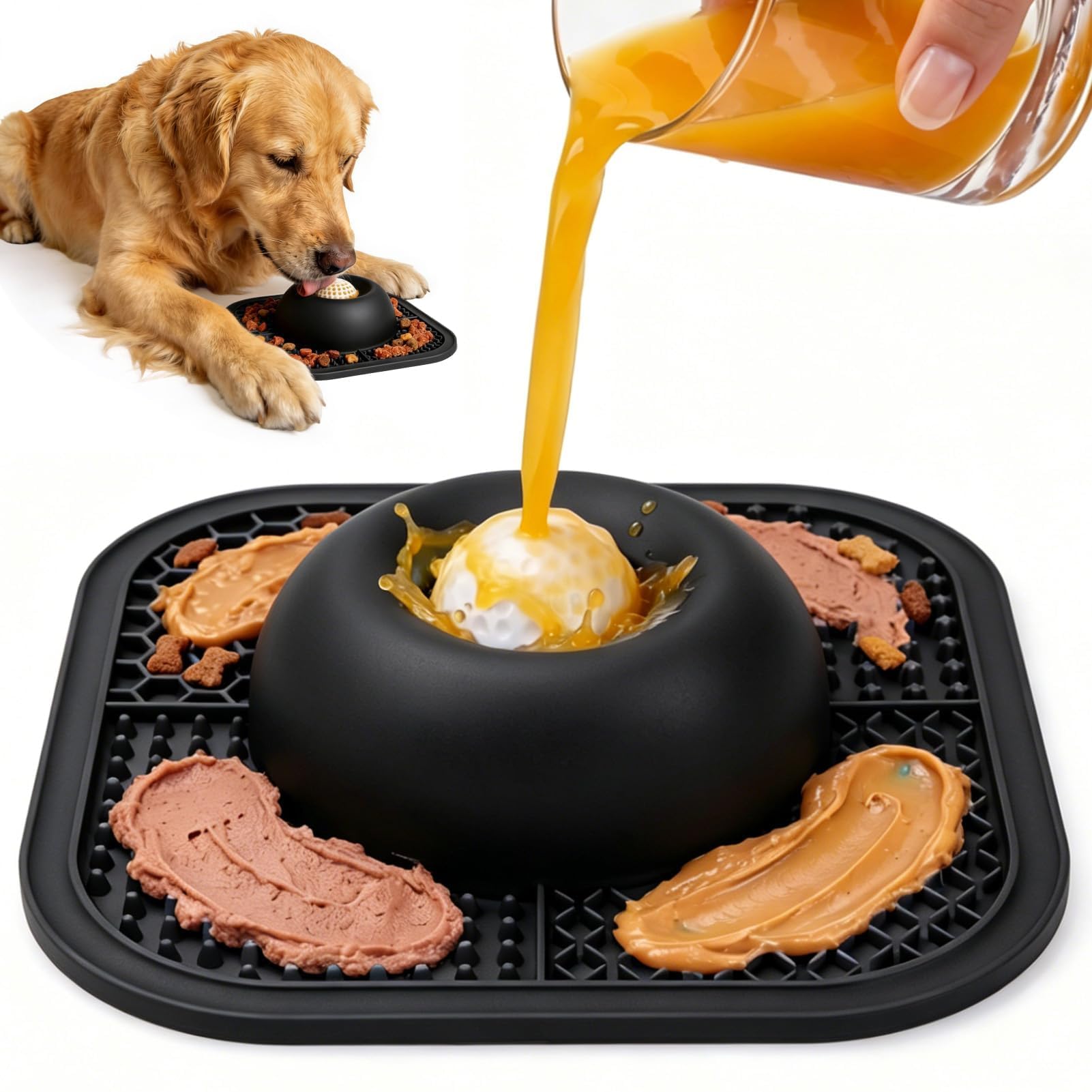 Slow Feeder Dog Bowls &amp; Lick Mat for Liquid and Thick Treat, Anti-Slip Dog Lick Bowl with Interactive Rolling Ball, 5/6 Cup Pup Licking Toy for Large Medium Small Dogs and Cats Black