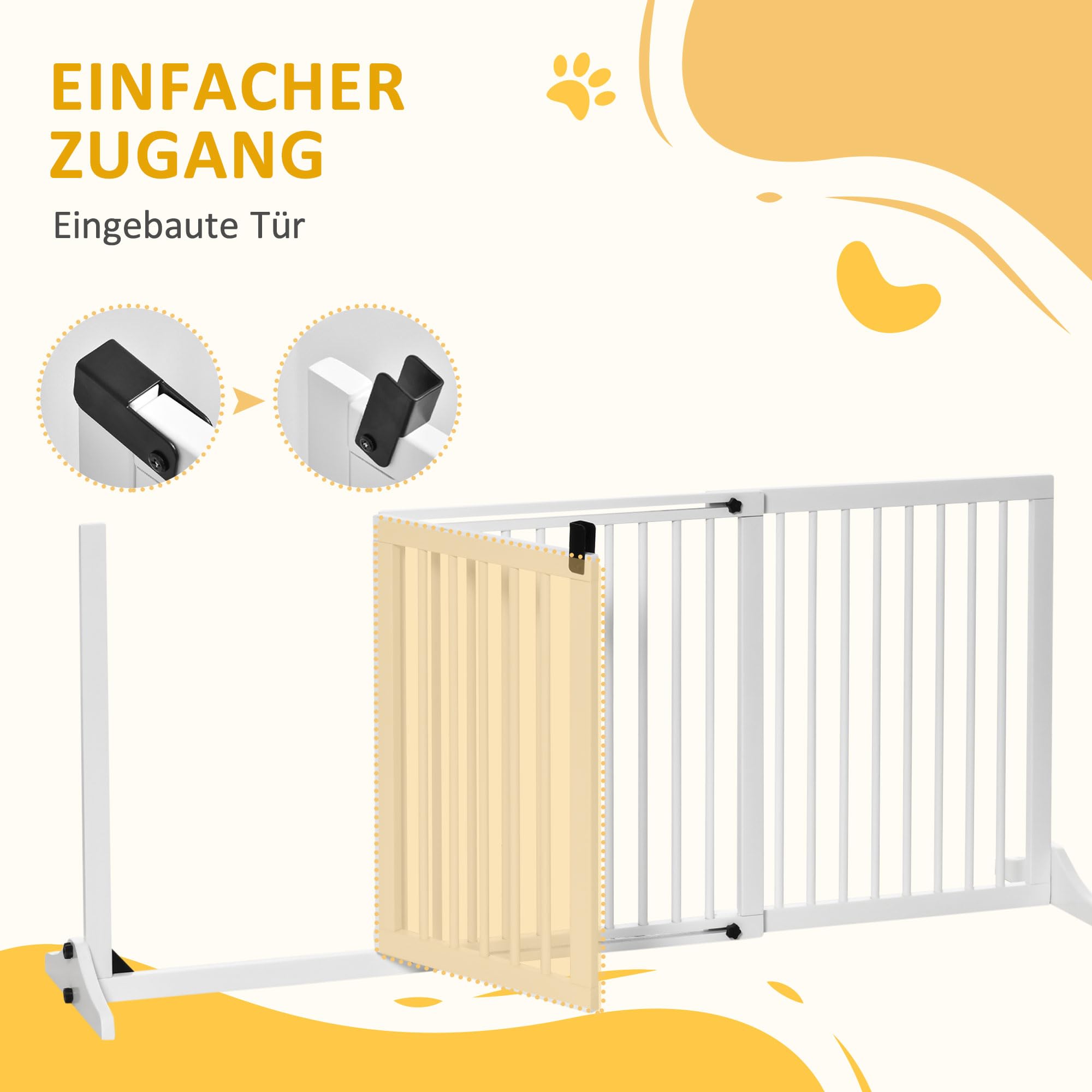 PawHut Absperrgitter Hund Freistehend Verstellbar 113-166 x 71 cm Weiß | Schutzgitter mit Füßen, Treppentürgitter Holz, Hundeabsperrgitter, für Treppen Türen Küche Flur, 3 Paneelen