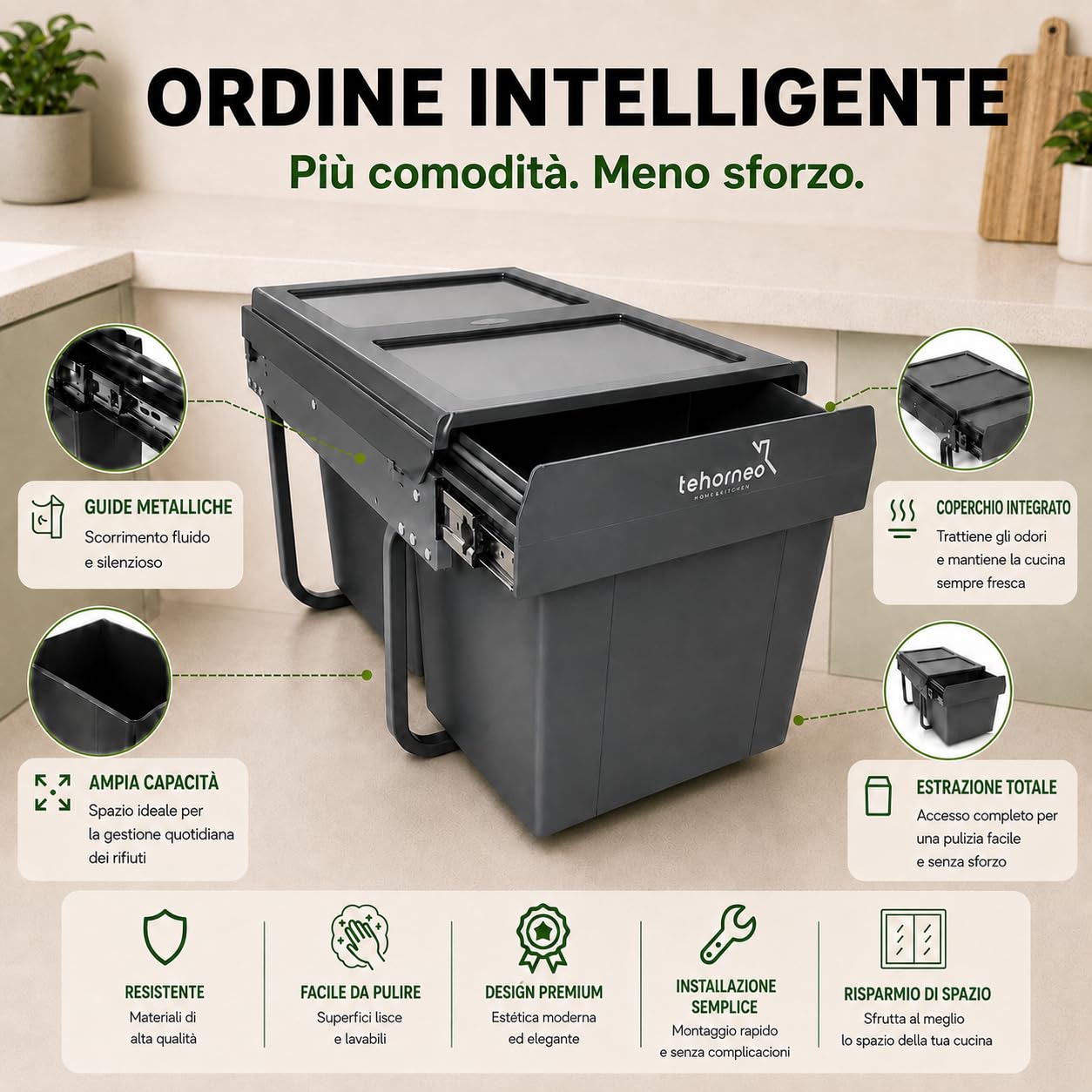 TEHORNEO Pattumiera Sottolavello, Pattumiera Estraibile Sottolavello 2X15 L Acciaio e Plastica, Pattumiera Sottolavello Estraibile, Secchio Spazzatura Sottolavello, Bidoni Sotto Lavello Cucina