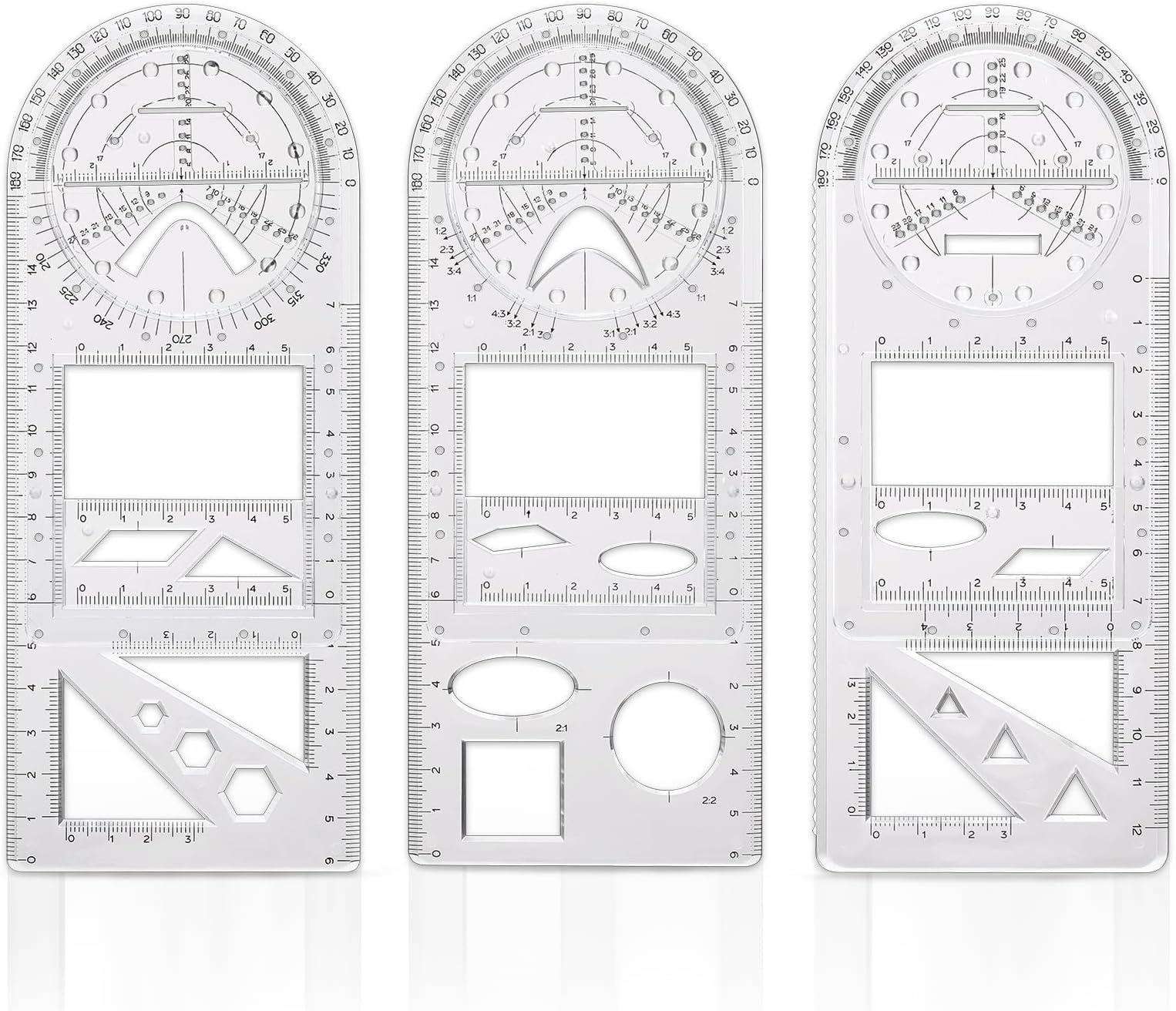 JIANTA 3 Pcs Multifunctional Geometric Ruler, Geometric Drawing Template, Measuring Tool with Movable Protractor, Activity Drawing Ruler for School Office Supplies