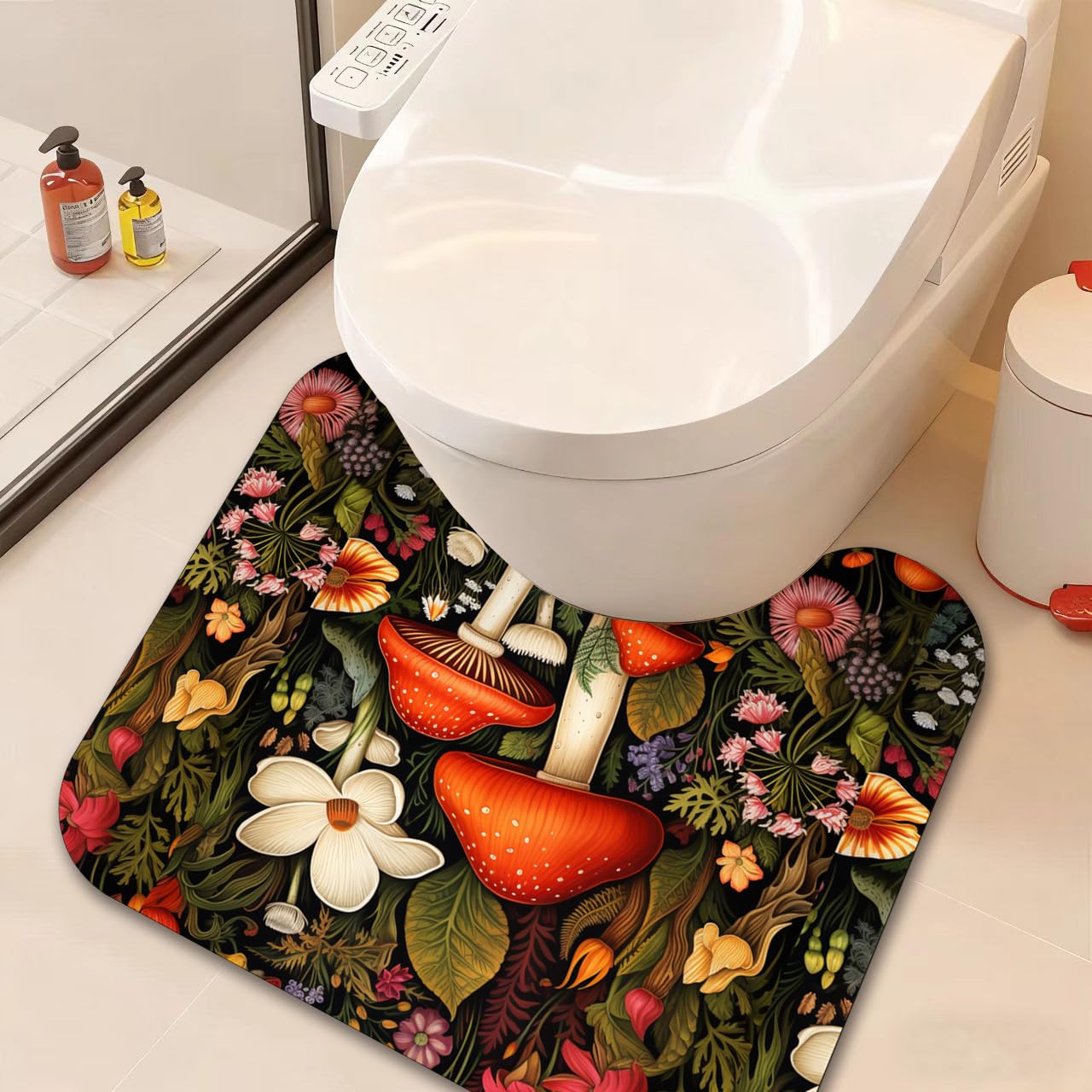 ENSFTF Large Toilet Mat, U-shape Non-Slip Washable Toilet Rugs,Water Absorbent bath mat, 50 x 60 cm,Mushroom Pattern