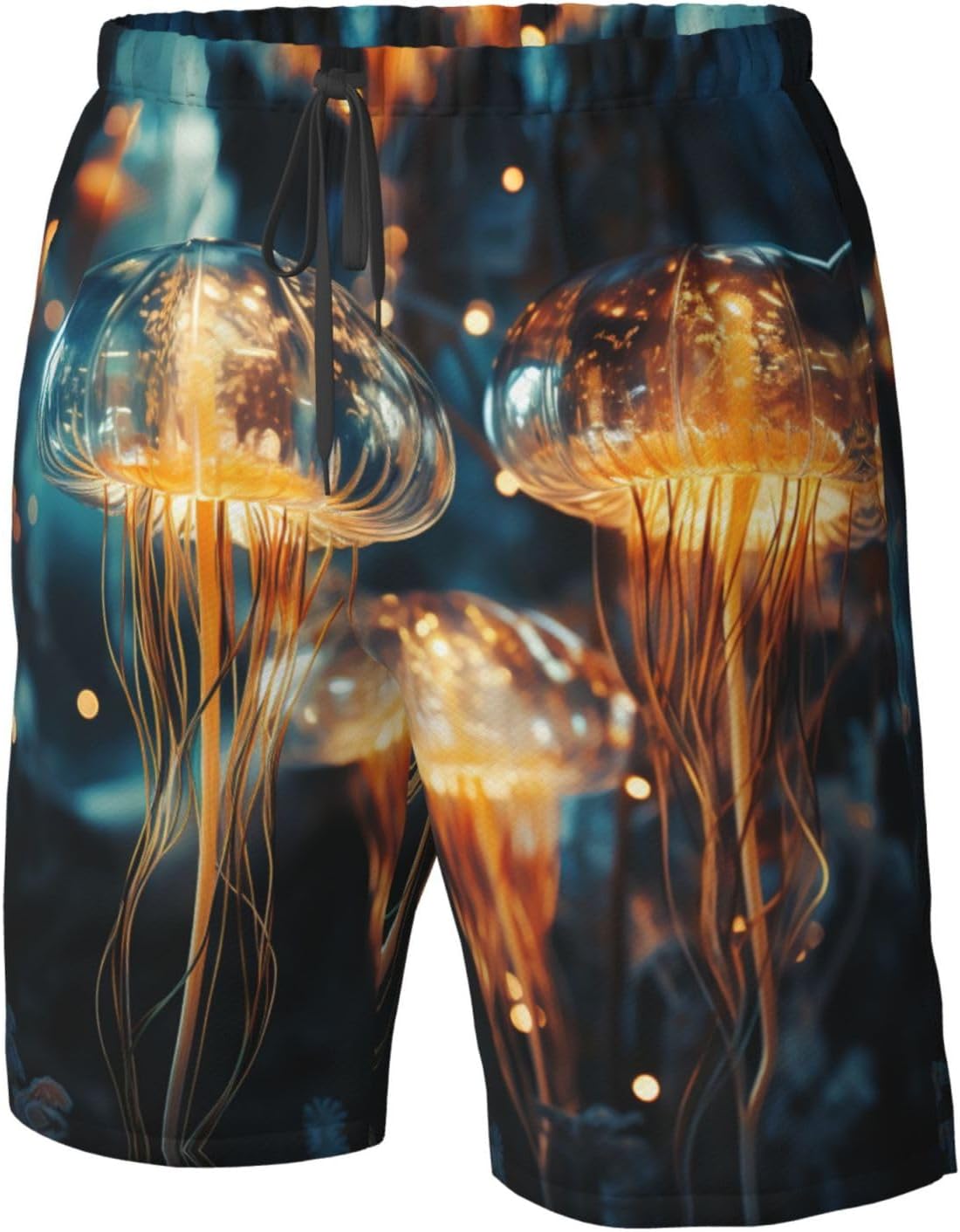 Blue and Gold Jellyfish Print Mens Casual Shorts Drawstring Summer Beach Stretch Shorts Novelty Swimtrunks