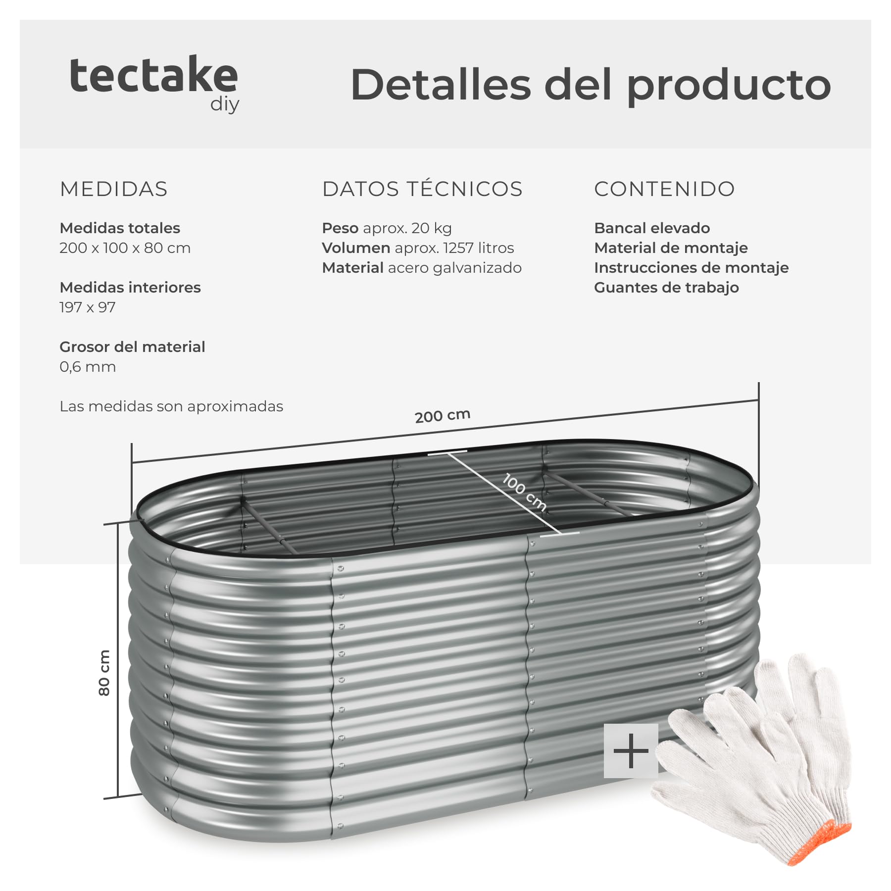 tectake® arriate Rectangular sin Base, Acero Resistente a la Intemperie, huerto Urbano, jardineras Exterior, Usar con Tierra para Plantas, Incluye Guantes - 100 x 200 x 80 cm Plateado Redondeado