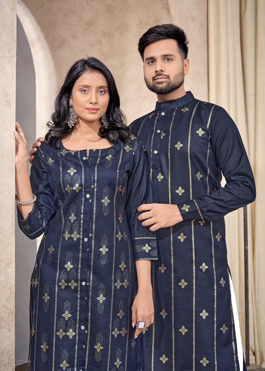 Indian Couple Combo Festival Cotton Foil Print Butti Men's Kurta Pajama & Woman Kurti Pants 8101 : Clothing, Shoes & Jewelry