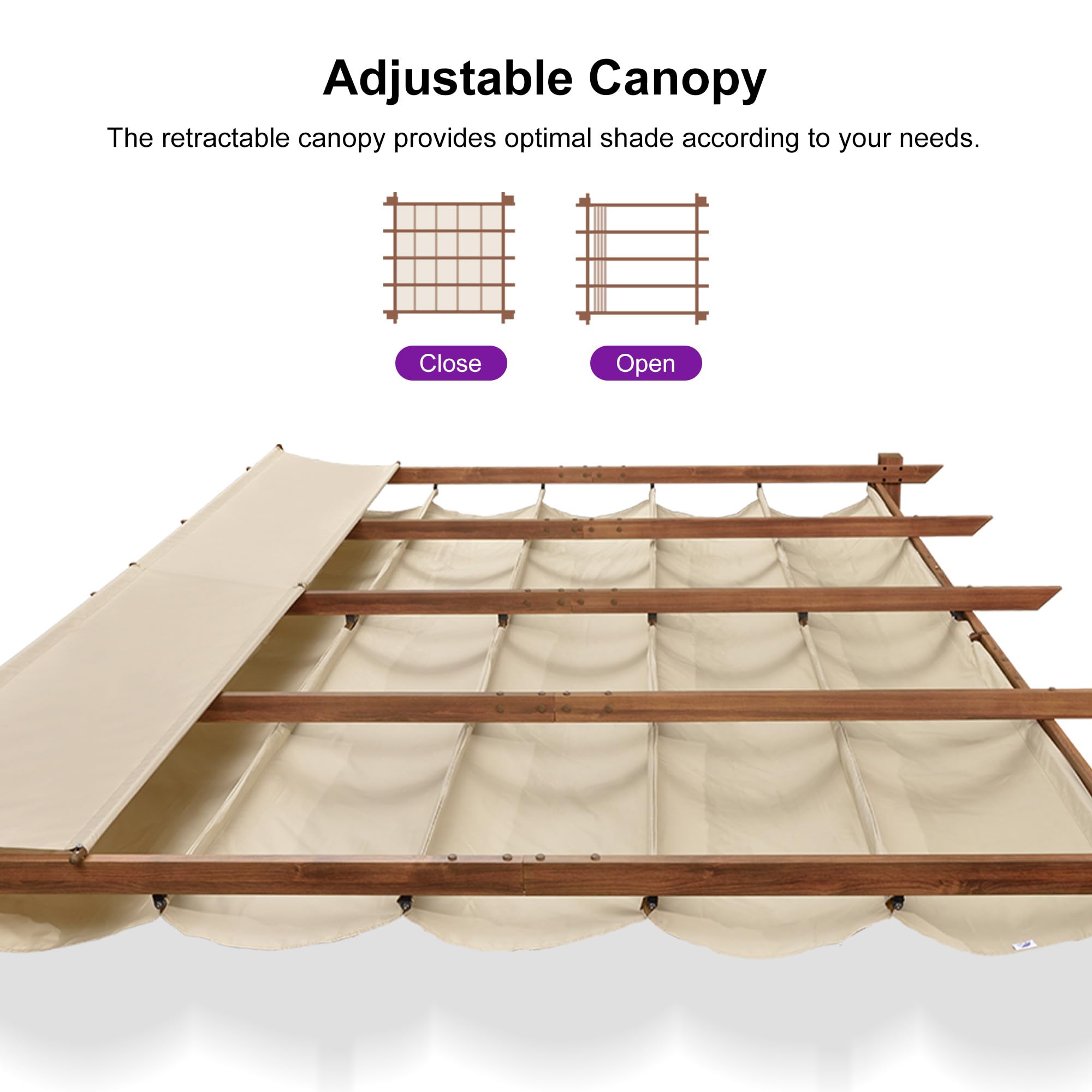 PURPLE LEAF 10' x 13' Outdoor Retractable Pergola with Sun Shade Canopy Patio Metal Shelter for Garden Porch Beach Pavilion Natural Wood Grain Frame Gazebo Modern Yard Grill Pergola Khaki