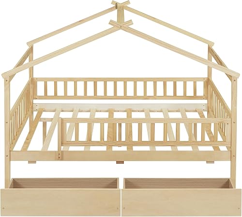 Miniatura 5 de Cama de casa con almacenamiento para vallas, camas de tamaño matrimonial estilo Montessori con barandillas y 2 cajones, marco de cama de madera para