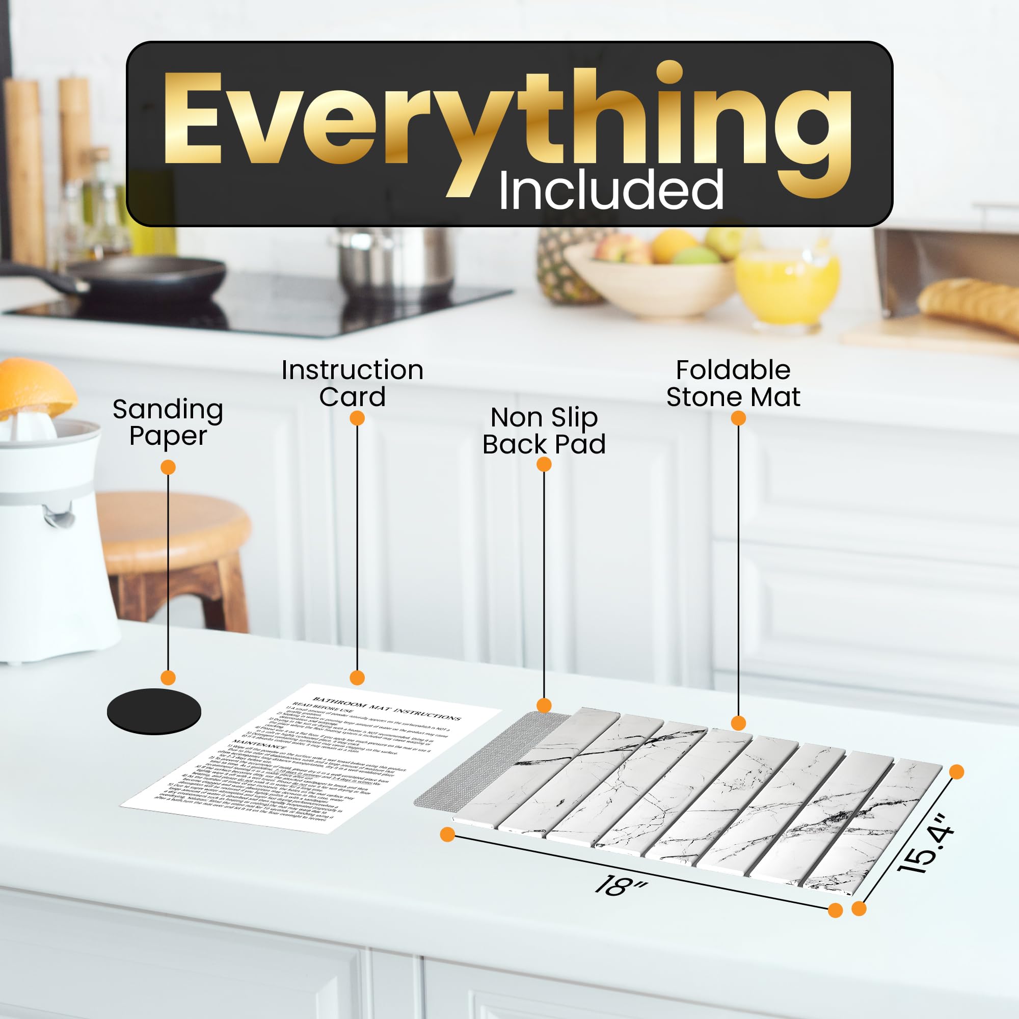 Foldable Stone Dish Drying Mat - Marble Design - Diatomite Mat for Kitchen Counter & Bathroom - Instant Drying, Diatomaceous Earth Mat