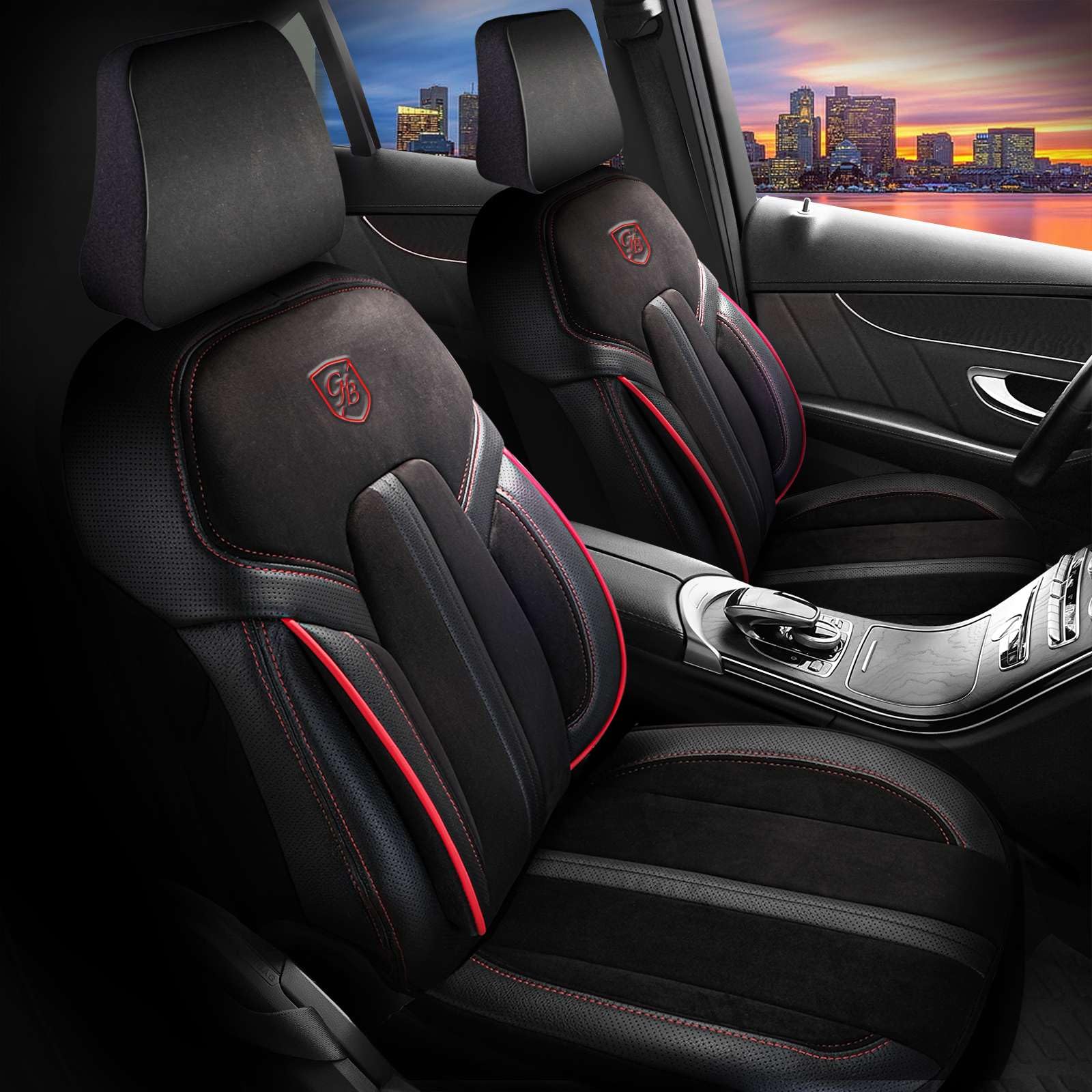 GIOVANNI BUTTI Coprisedili universali per auto e SUV – Coprisedili anteriori di alta qualità, in Alcantara, colore beige/nero, compatibile con airbag, coprisedile auto, set di montaggio incluso