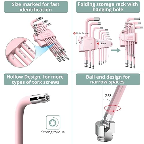 Miniatura 4 de COLFULINE Juego de 18 piezas de llaves Allen rosas, juego de llaves Allen de extremo de bola métricas y llaves Torx, juego de llaves hexagonales de