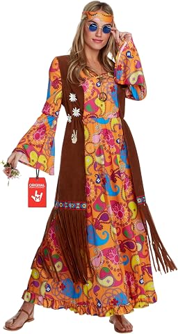 Women's 70s Hippie Costume with Paisley Maxi Dress, Headband, and Fringed Vest