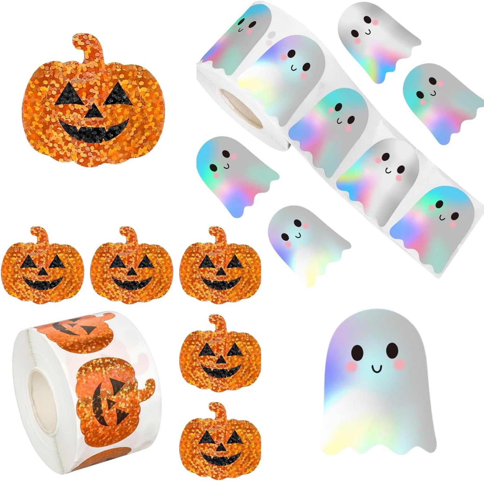 1000 Pcs Halloween Stickers Roll, Sparkly Ghost & Pumpkin Self-Adhesive Stickers for Halloween Decorations, Window, Party Bags, Table Decor, Crafts and Party Supplies Envelope Scrapbook Decor