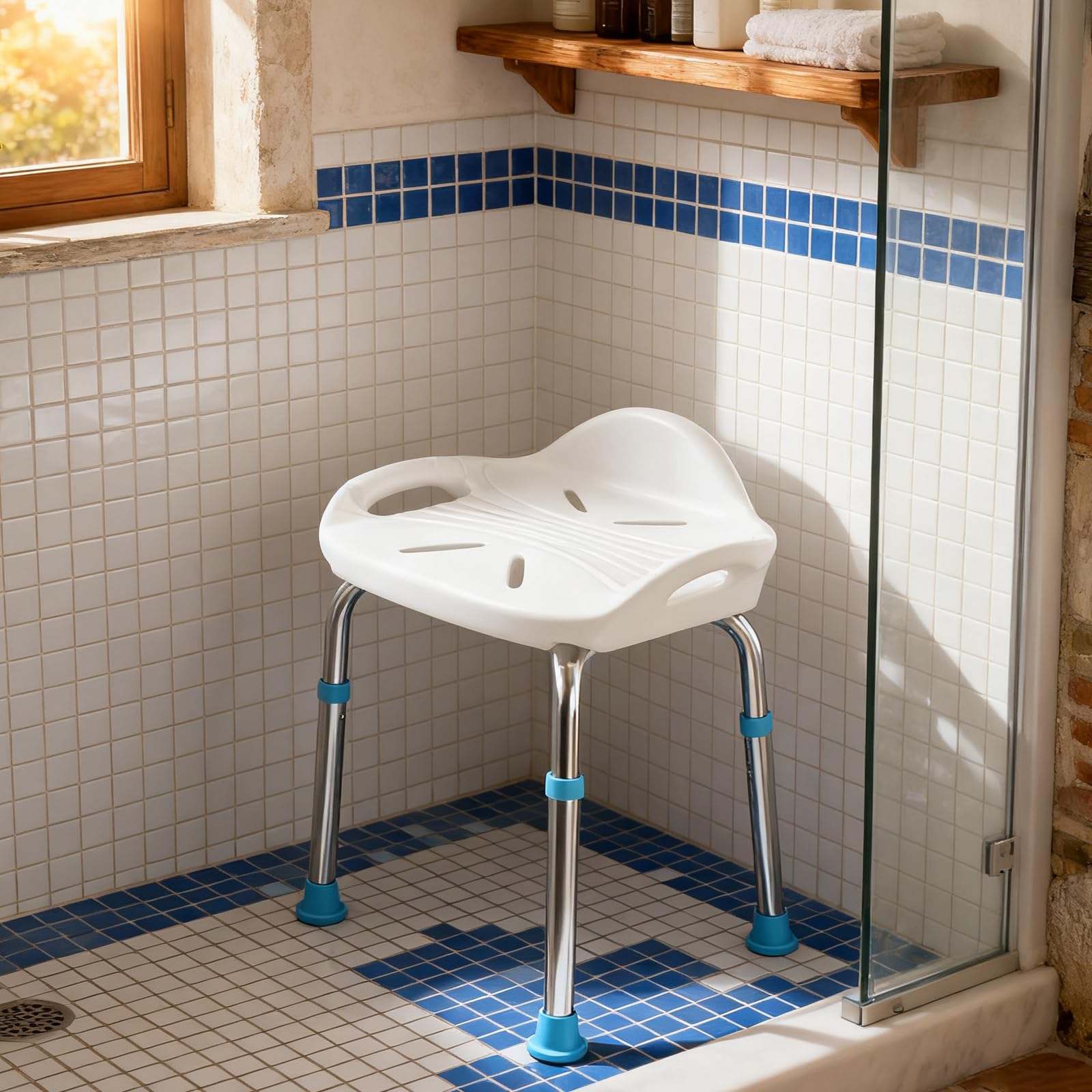 Sgabello Doccia per Anziani, Sedia da Doccia Extra Largo da 48 cm, Sgabello da Bagno in Alluminio con Altezza Regolabile 41-51 cm, Piedini Antiscivolo, Piccolo Schienale, Portata 200 kg