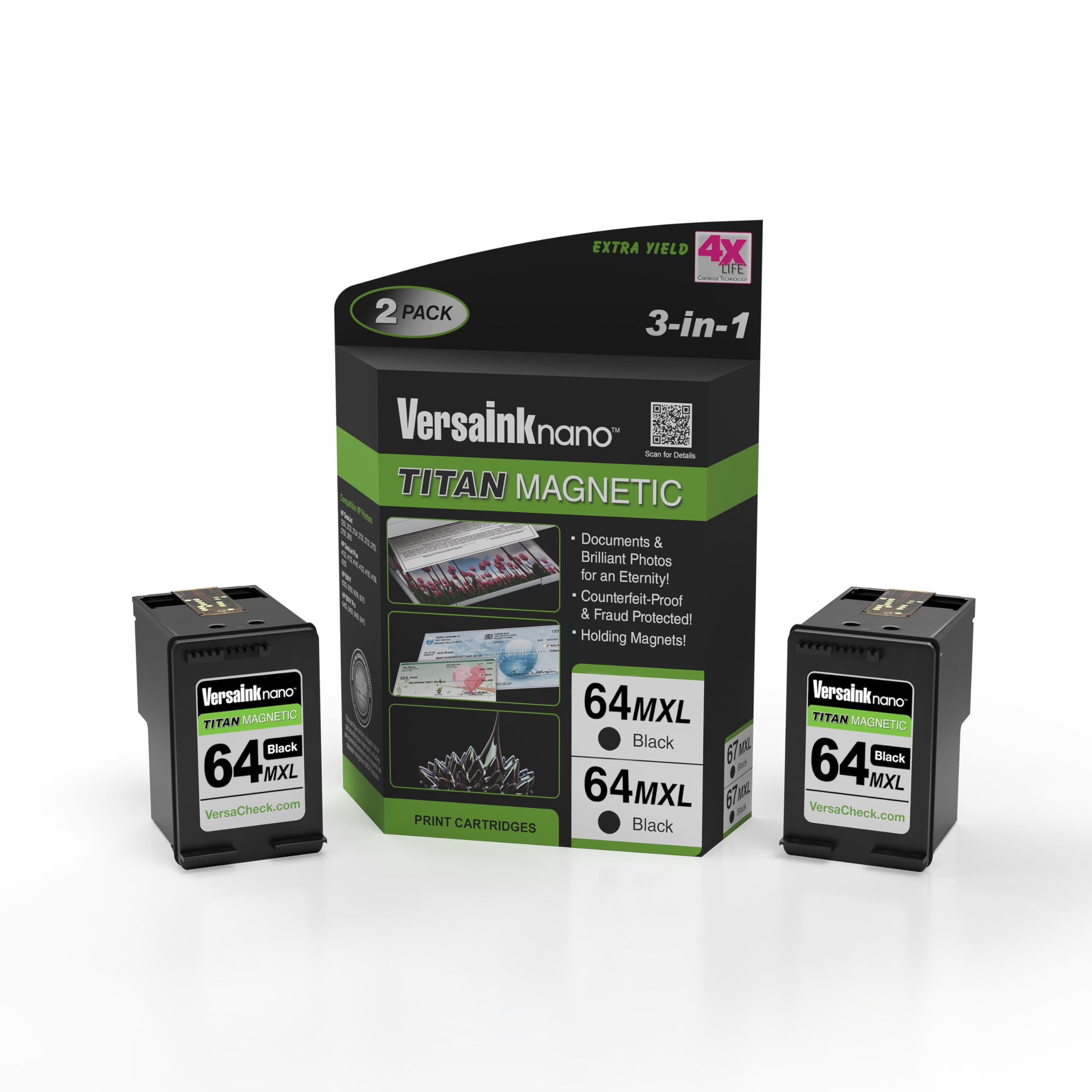 VersaInk-Nano HP 64 MXL Titan-Magnetic (MICR 3-in-1) Black Ink Cartridge 2-Pack Replacement of HP 64 and 64 XL, Works with HP Envy