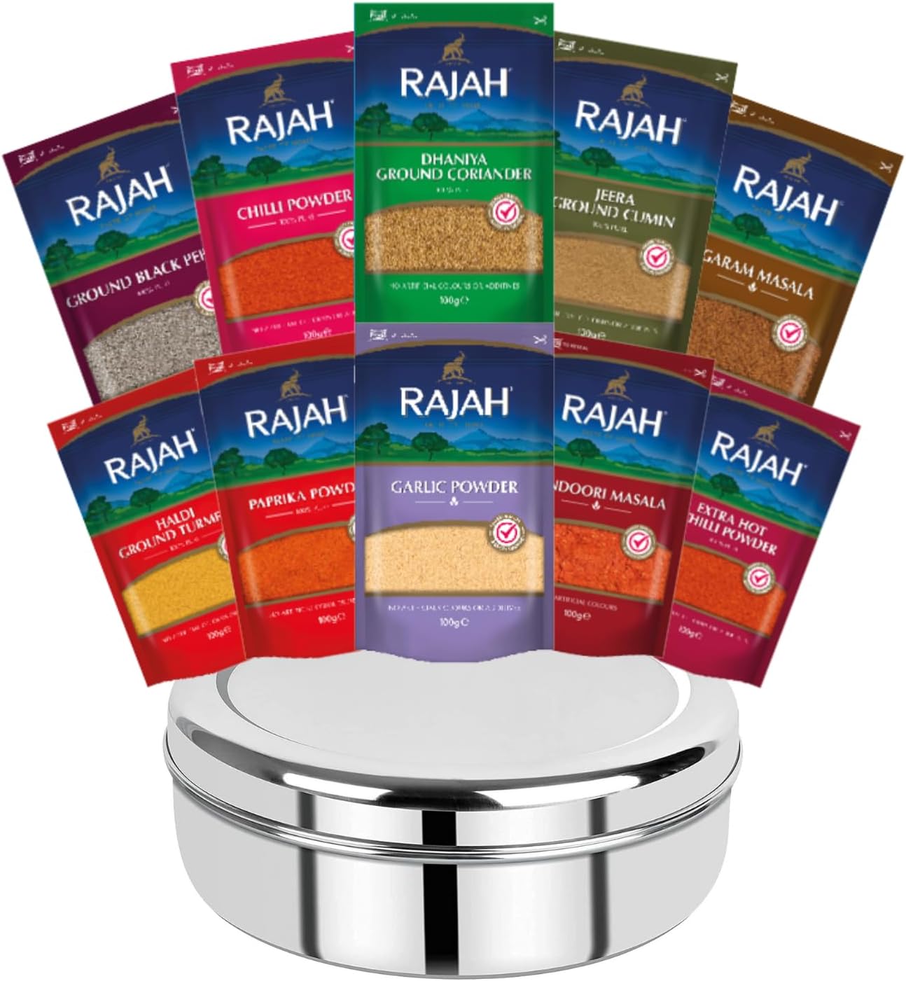 Rajah Spices Indian Spices Starter Kit with Spice Tin, 10 Essential