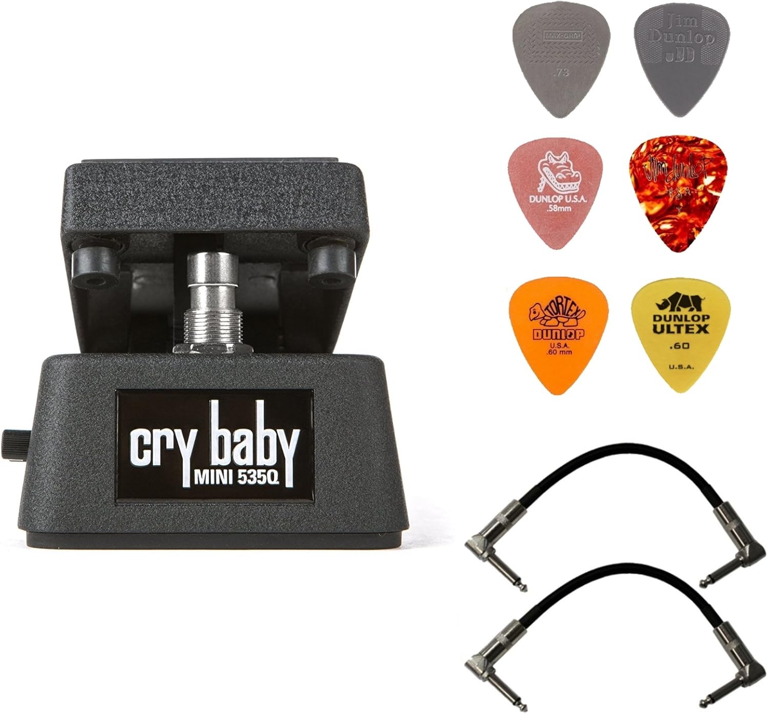 Dunlop CBM535Q Cry Baby Q Mini Wah Effects Pedal Bundle with 2 Free Patch Cables and 6 Dunlop Picks