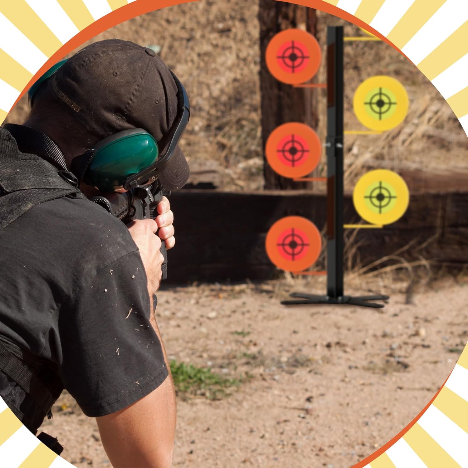 Dueling Tree Target Kit 6 Heavy Duty in 4" Diameter 3/8" Thickness Ar500 Rotate Swing Paddle Shooting Bracket with 30 Bullseye Paper for. 22 Rimfire Centerfire Pistols Shooting Training(4 Inch)