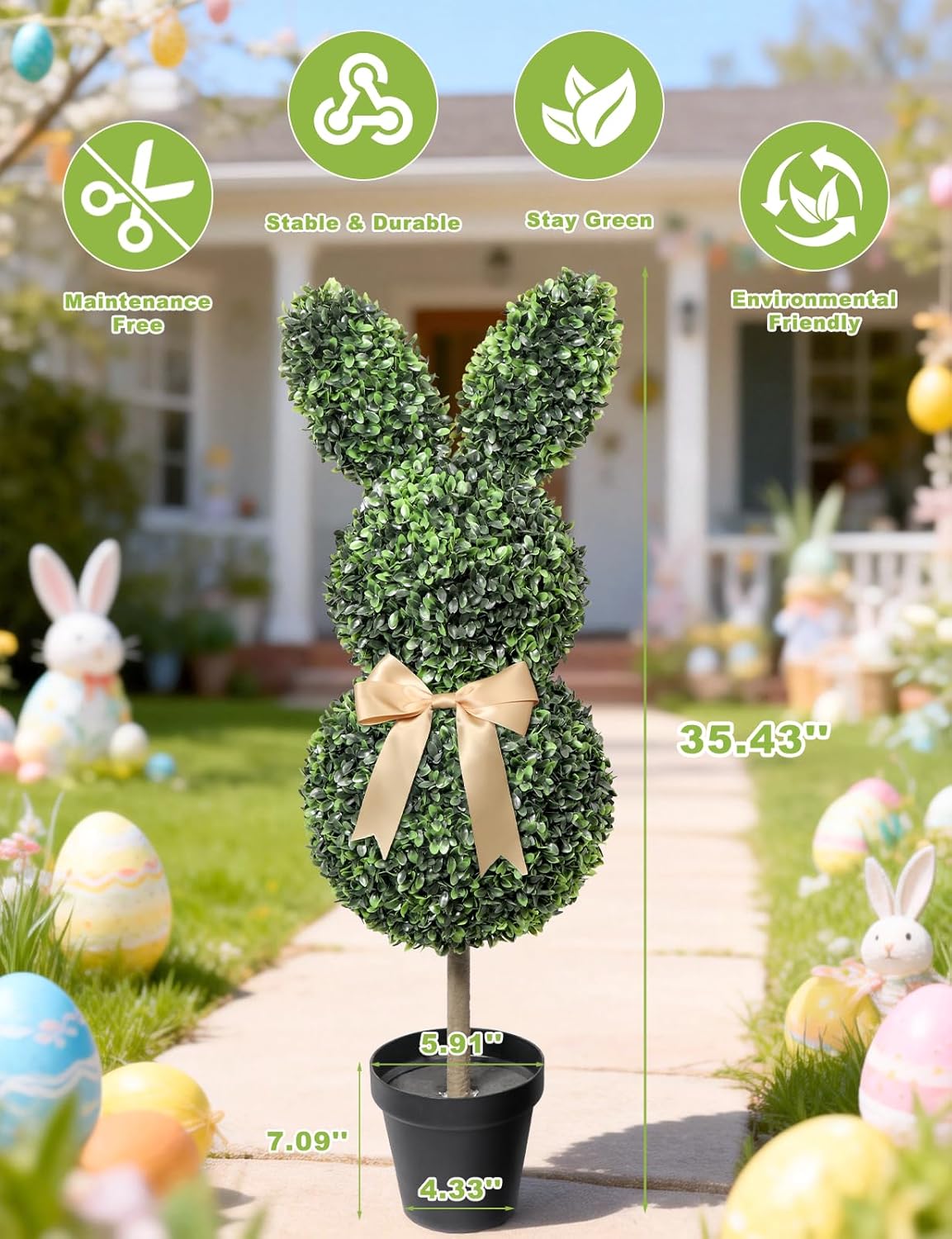 artificial bunny shaped topiary tree with bow, 2 pcs easter rabbit boxwood topiaries plant, 3 ft easter decorations with planter pot, spring decor for front porch, patio, lawn, backyard & indoor decor