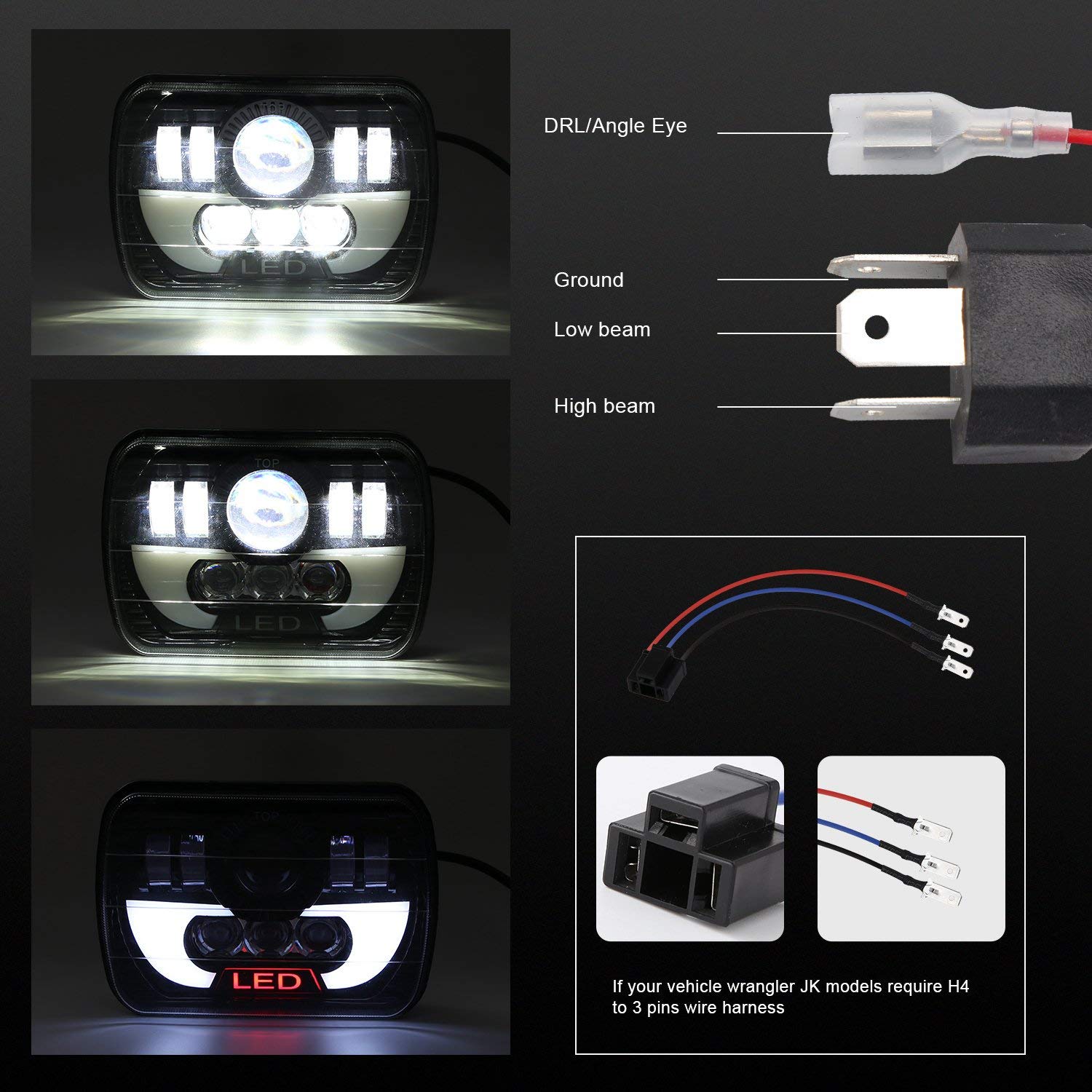 Paire Phares LED 5x7 (7x6) 110W 6000K Blanc – Haut/Bas Faisceau Pour Jeep Cherokee XJ, Wrangler YJ, Ford, Chevrolet, GMC
