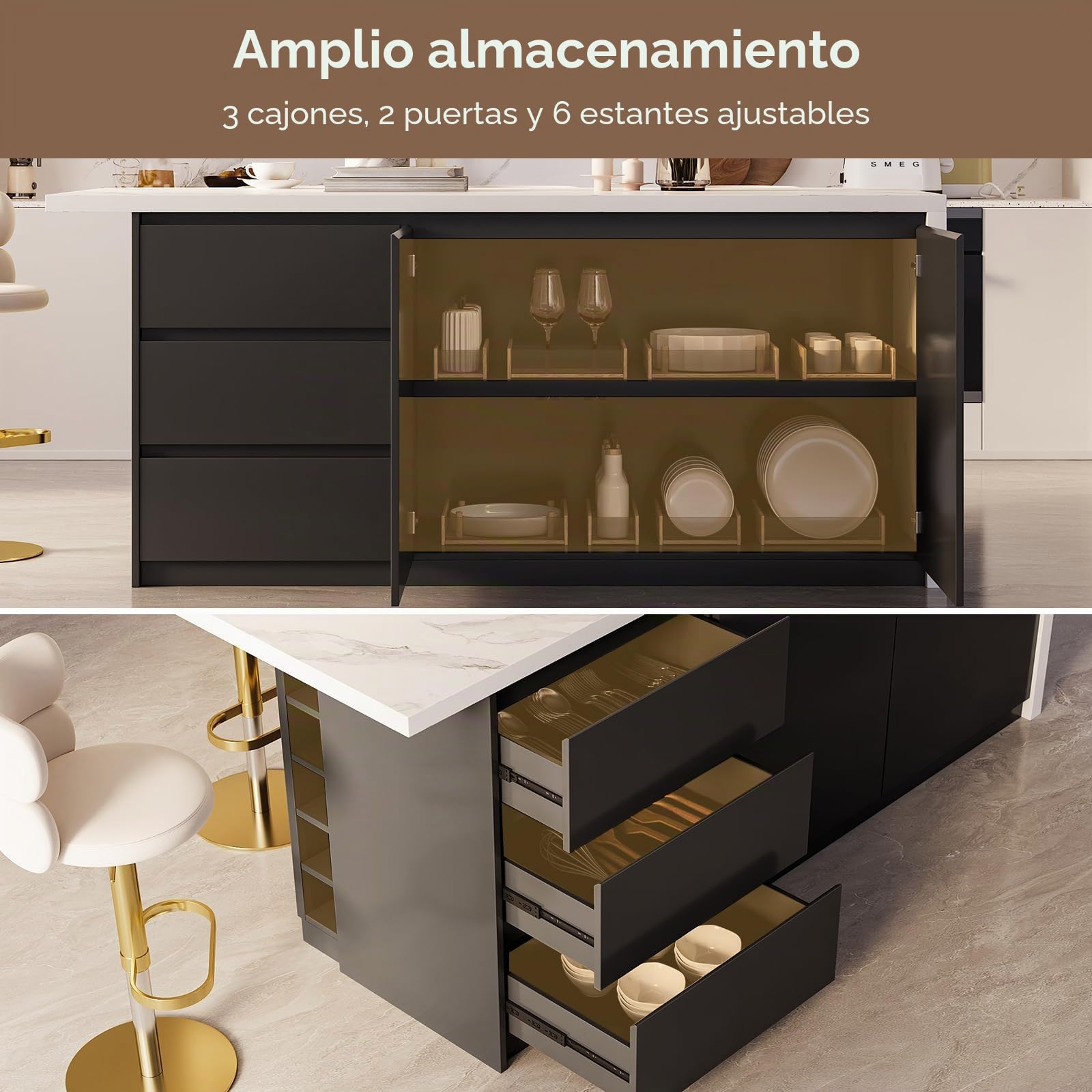 Homary Ila de Cocina con Almacenamiento múltiple para Cocina y Comedor, 183cm x 80cm