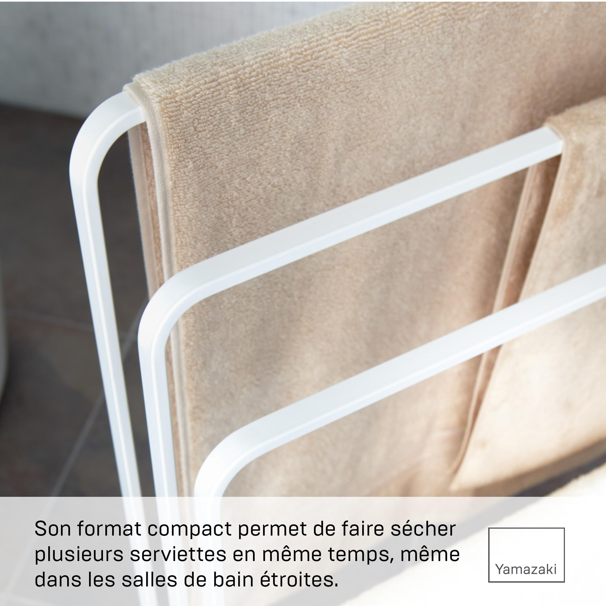 Yamazaki Tower Porte-Serviettes sur Pied, en Acier - 3 Branches, Stable, Salle de Bain, Douche, Baignoire, lavabo - 14 x 70 x 81 cm, Design Japonais, Blanc