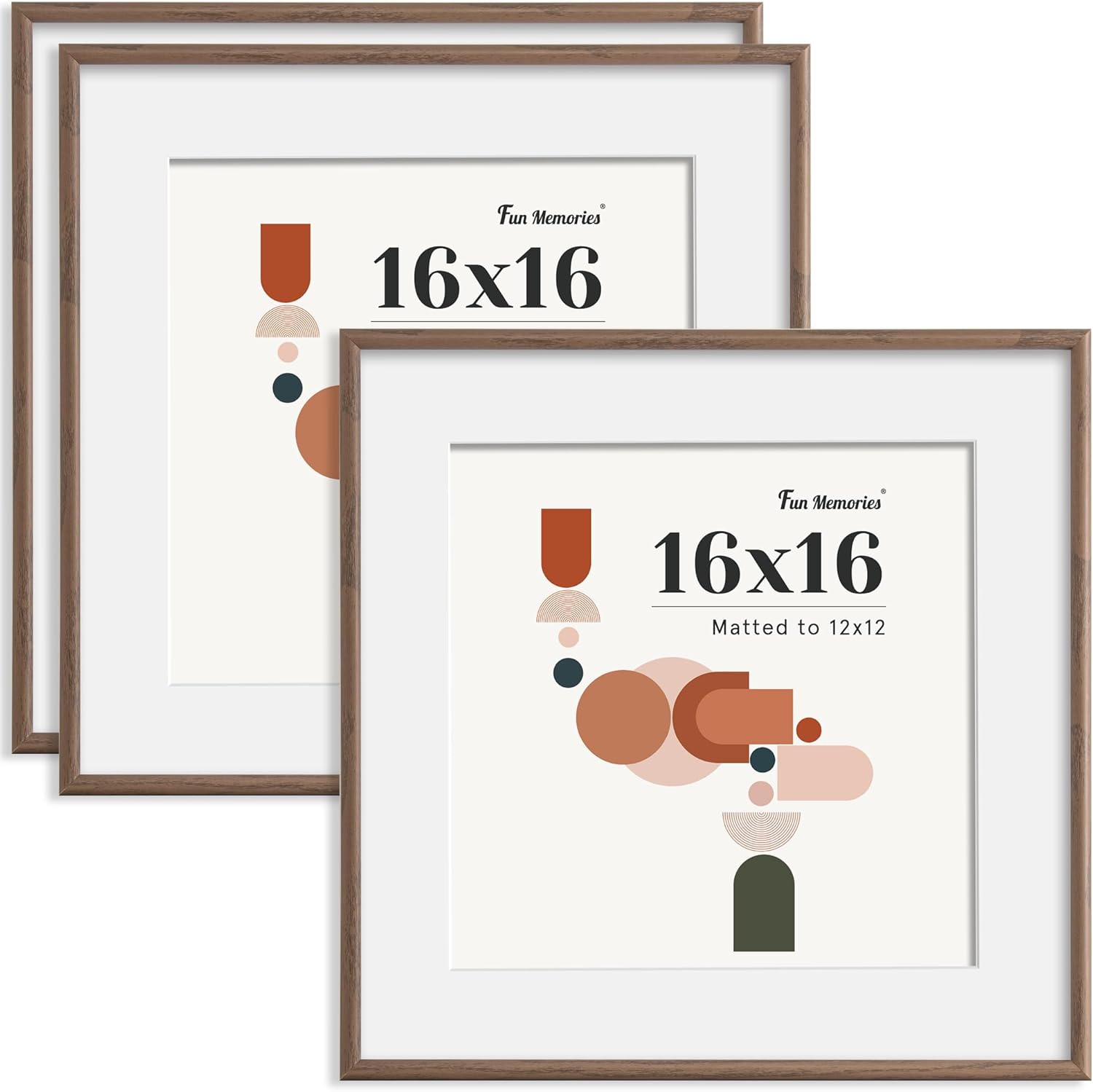 Fun Memories 16x16 Picture Frame, Display Pictures 12x12 with Mat or 16x16 Without Mat, Poster Frames with HD Plexiglass, Wall or Tabletop Display, Wall Hook Included, Walnut, 3 Pack