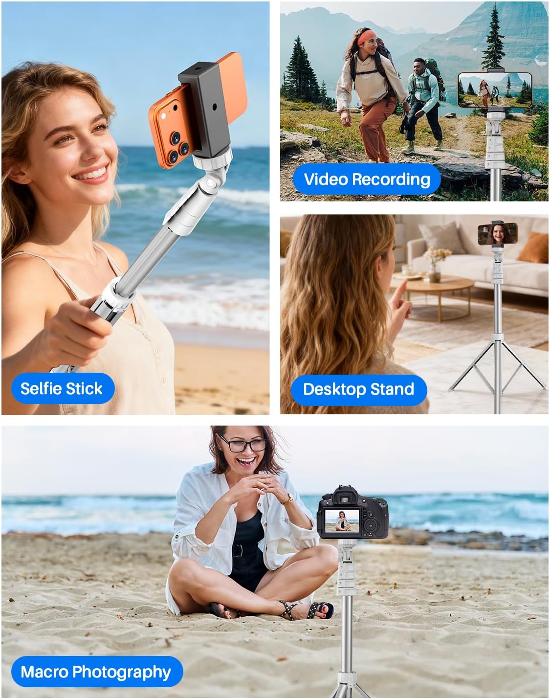 67" Phone Tripod, MIIASI Extendable Tripod for iPhone, Selfie Stick with Remote and Phone Holder, Compatible with iPhone/Android/Camera, Light Stand (Silver)