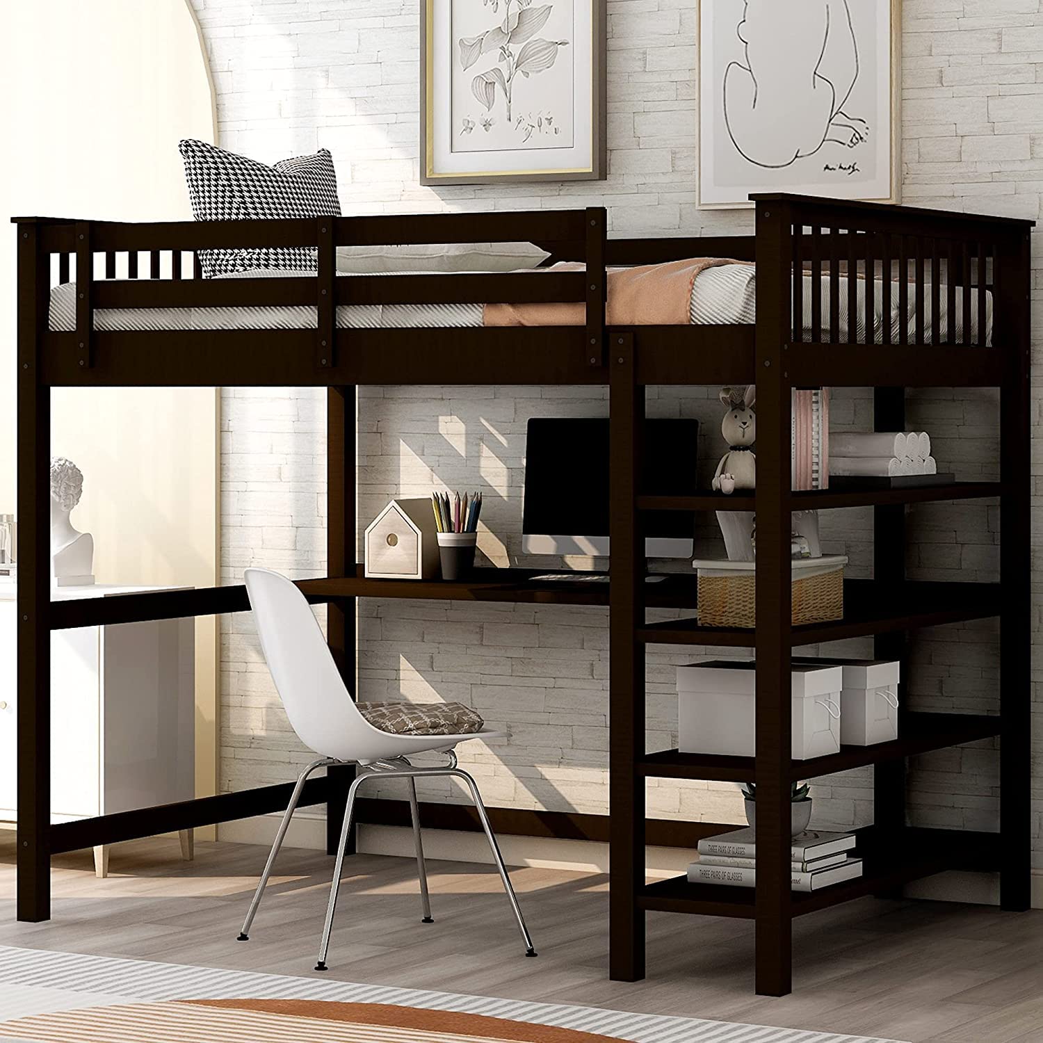 Buy Full Loft Bed with Desk, Virabit Loft Bed with Storage Shelf, Solid