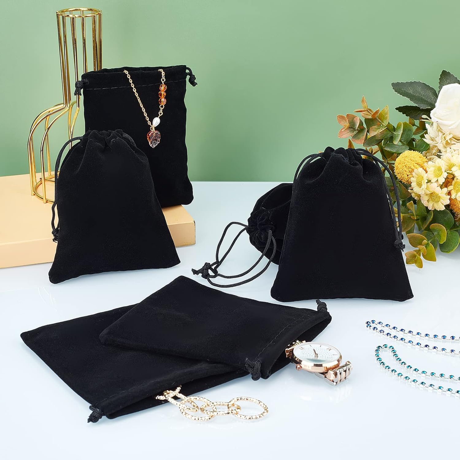 20 Sacchetti Portagioie In Velluto Nero Con Coulisse, Misure 12x16 Cm, Riutilizzabili, Eleganti Confezioni Regalo Per Matrimoni E Bomboniere