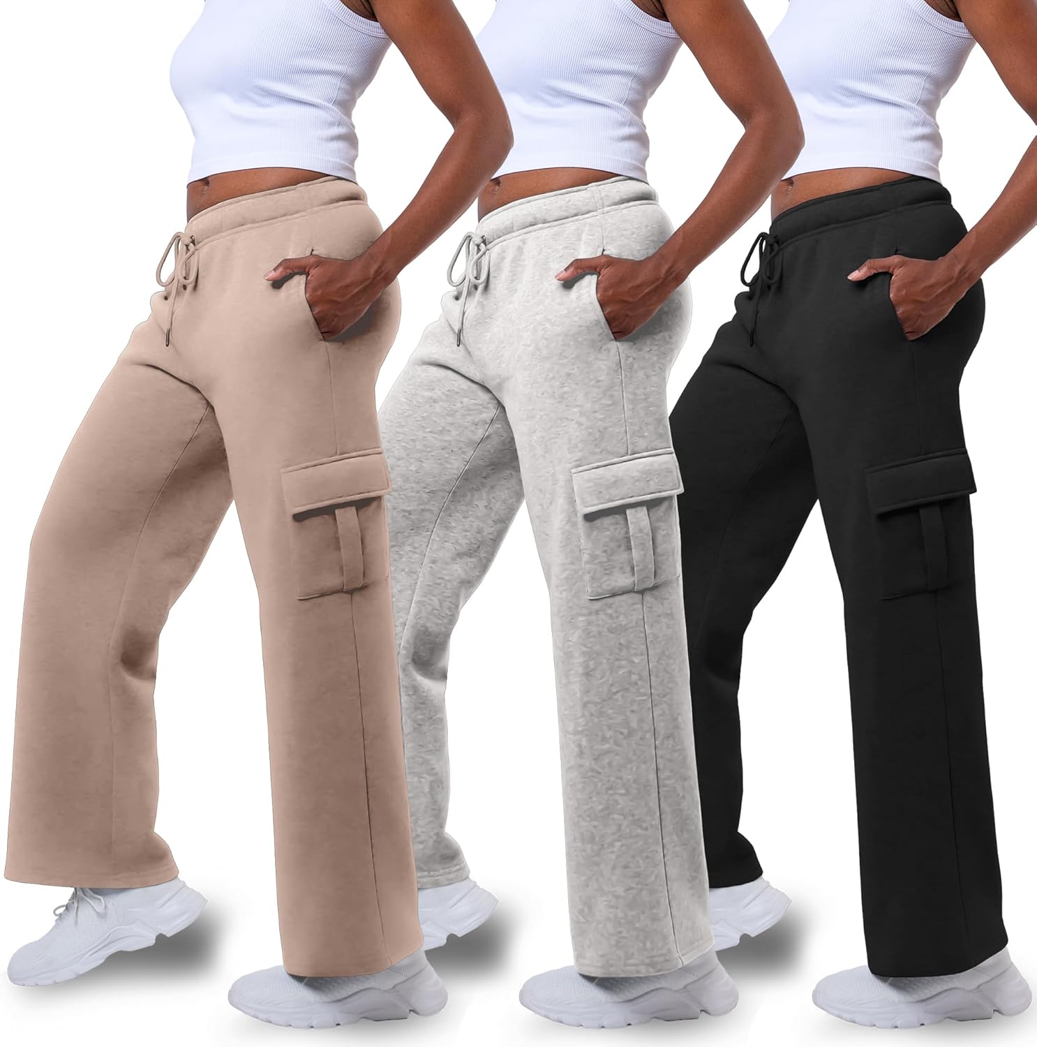 Common Stitch 3 Pack Sweatpants Women, Wide Leg Cargo Womens Sweatpants, Wide Leg Pants with Pockets (Available in Plus)