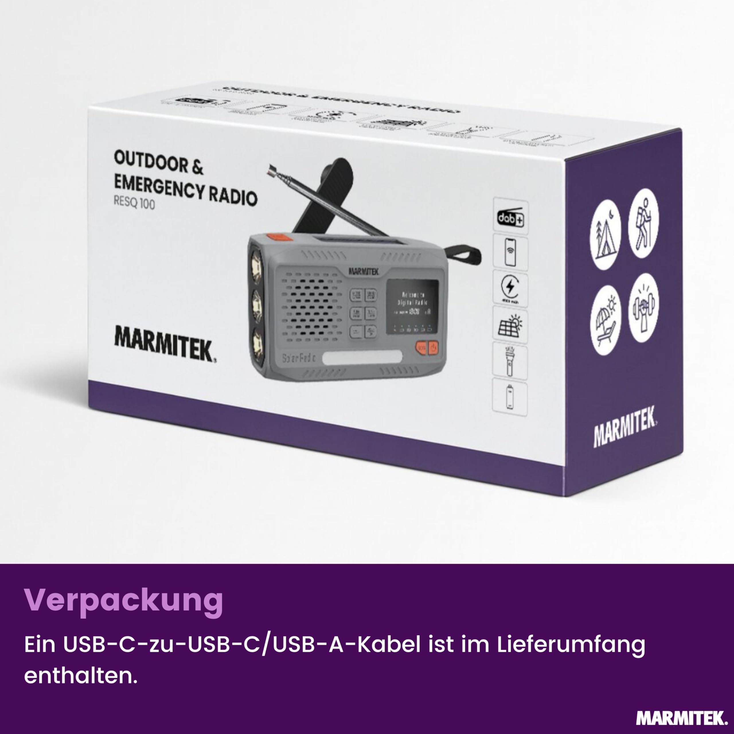 Marmitek RESQ 100 - Notfallradio DAB+/FM Solar Kurbelradio mit SOS USB-C | Powerbank 4500 mAh, Bluetooth 5.3, Farbdisplay, Taschenlampe, Leselicht, USB-C, IPX3, 3x AAA Backup für Blackout
