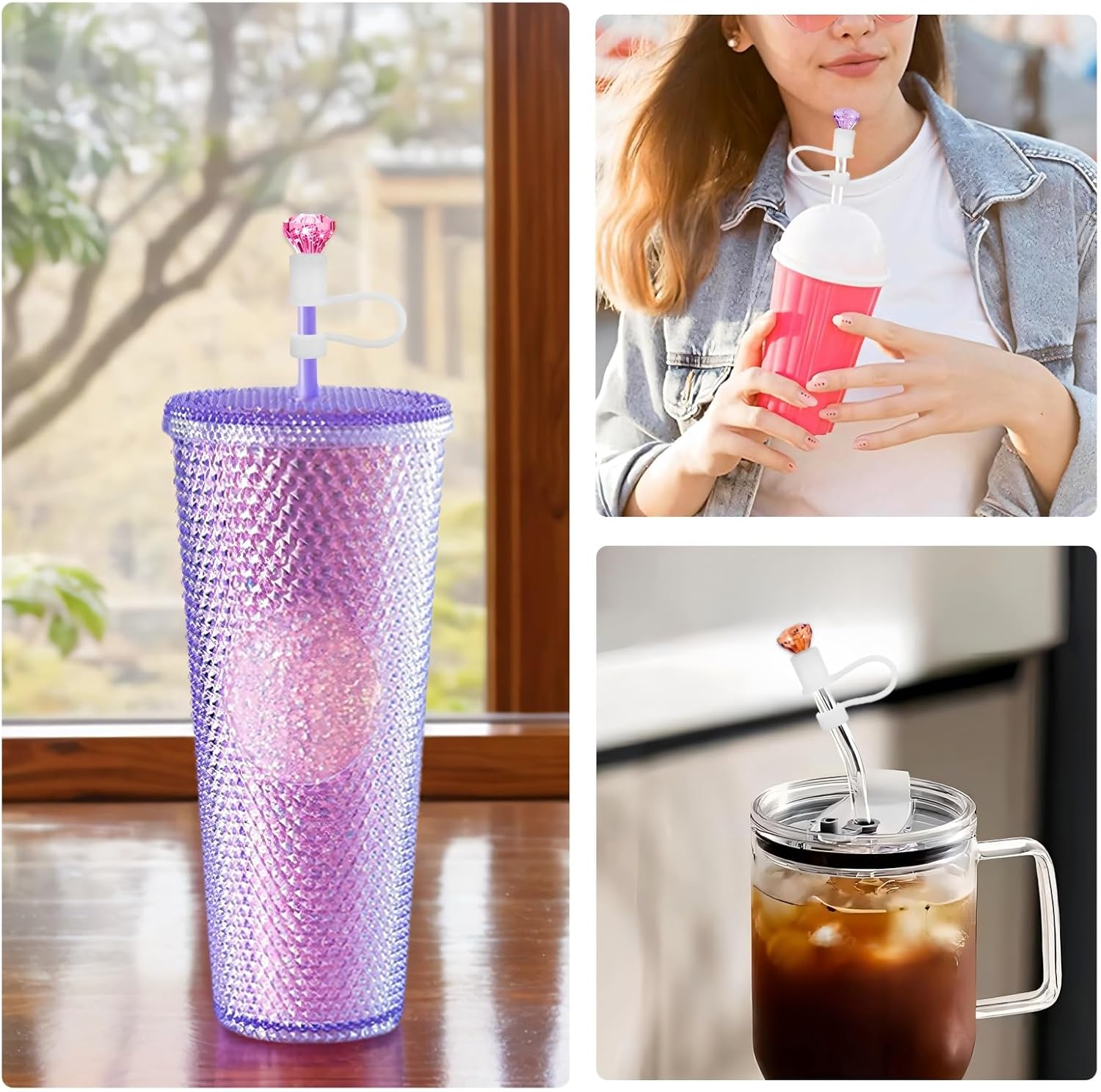 4 Pack Straw Cover Compatible with Starbucks Cup, 7-8MM Diamond Shape Reusable Silicone Straw Topper Cap, Protector Lid with Cute Colorful Accessories - Image 6