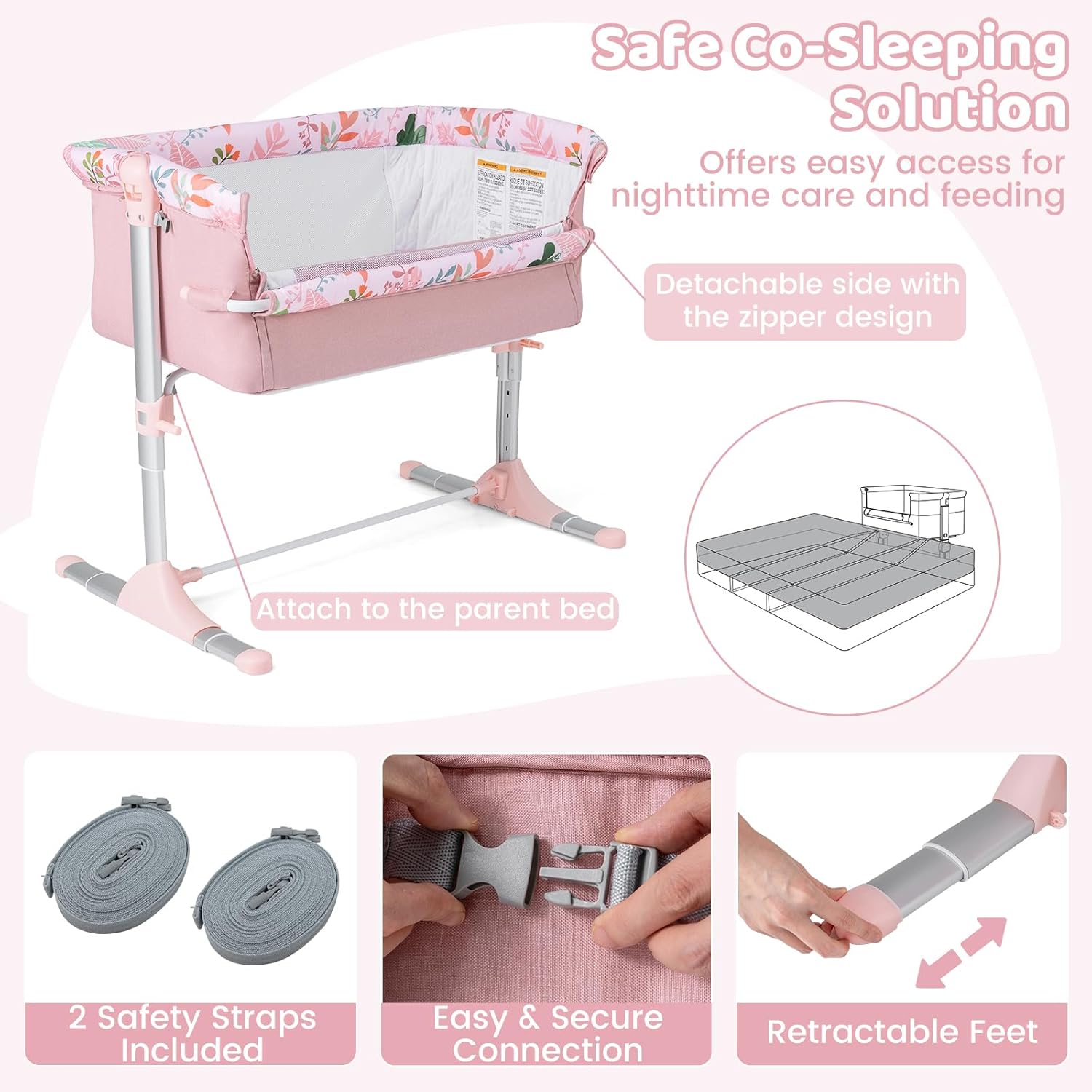 BABY JOY Bassinet, Printed Folding Bedside Crib w/Adjustable Height, Retractable Feet, Soft Mattress & Portable Carry Bag, Baby Bassinets Bedside Sleeper for Newborn Infant, Pink