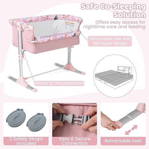 Miniatura 6 de BABY JOY Cuna, cuna plegable impresa con altura ajustable, pies retráctiles, colchón suave y bolsa de transporte portátil, moisés para bebé, cama de