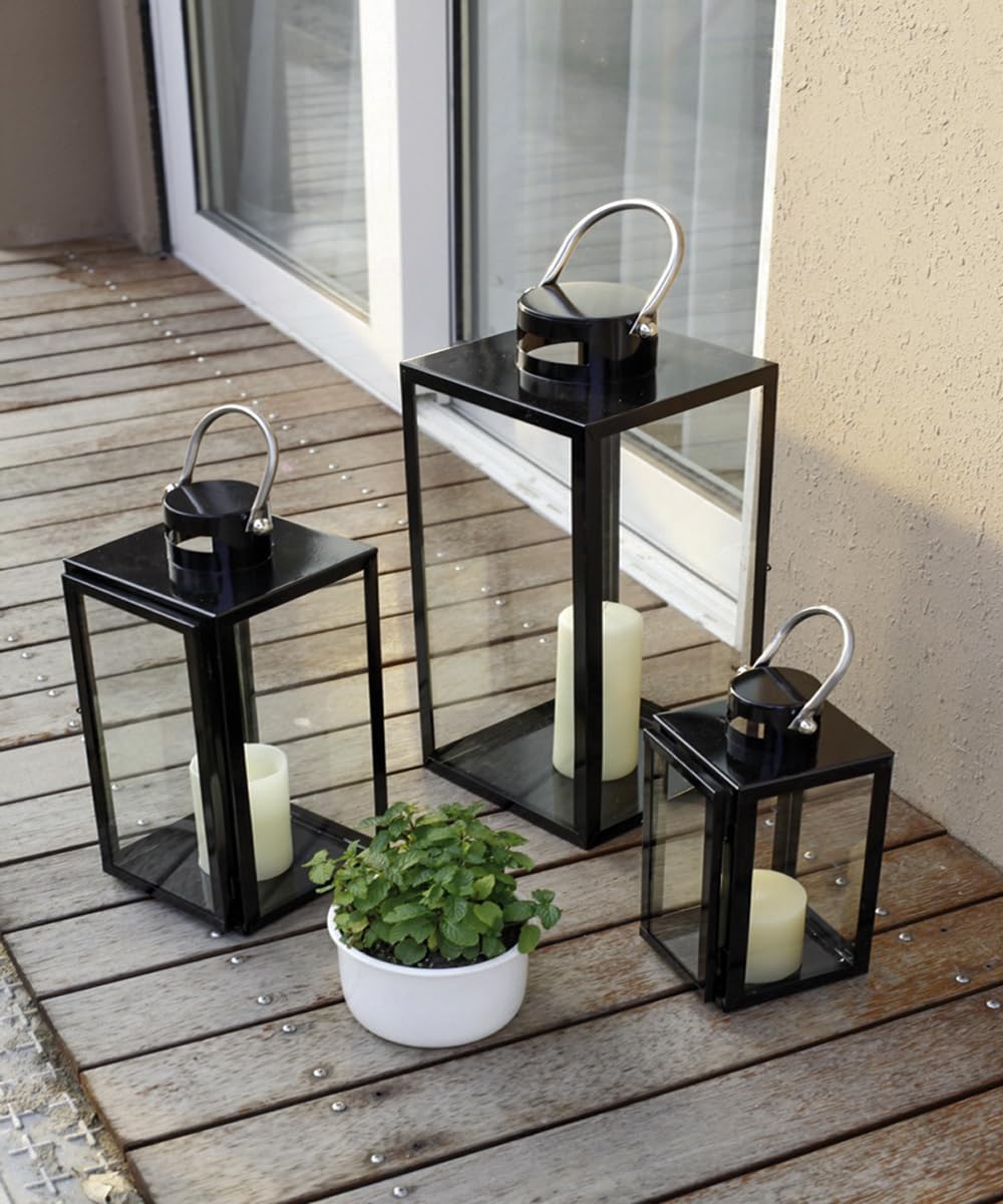 Mojawo 3er Set Gartenlaternen Set Windlicht Stalllaterne Windlicht Laterne Glas 30/40 / 53 cm Metall Schwarz