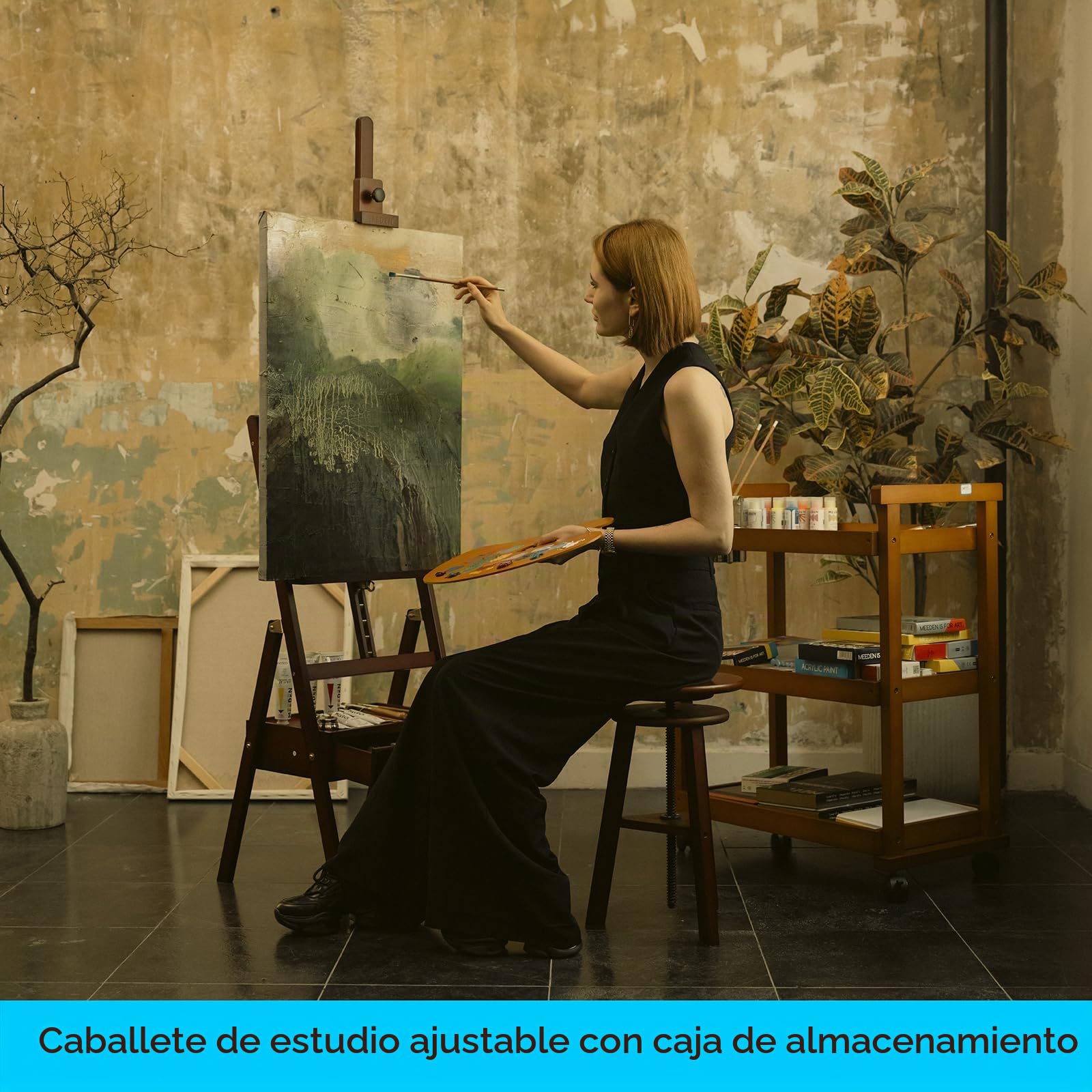 MEEDEN Caballete Profesional de Estudio con Cajón, de Madera de Haya Sólida, Altura Ajustable 147-190cm, Inclinación Frontal, para Lienzos hasta 94, cmpara Artistas, Color nogal
