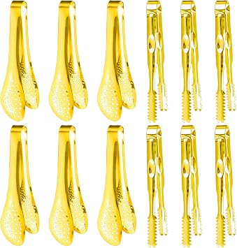 12-Piece Mini Tongs - 5-Inch Stainless Steel Salad Tongs, Small Tongs for Serving Food, Mini Serving Utensils for Appetizers, Party, Coffee, Desserts Gold