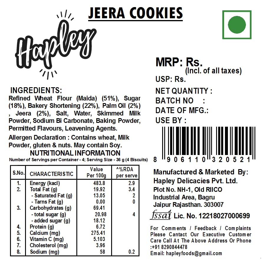 Image of Hapley Jeera Cookies 300g, No Palm Oil, Aromatic Jeera Goodness with a Perfect Crunch