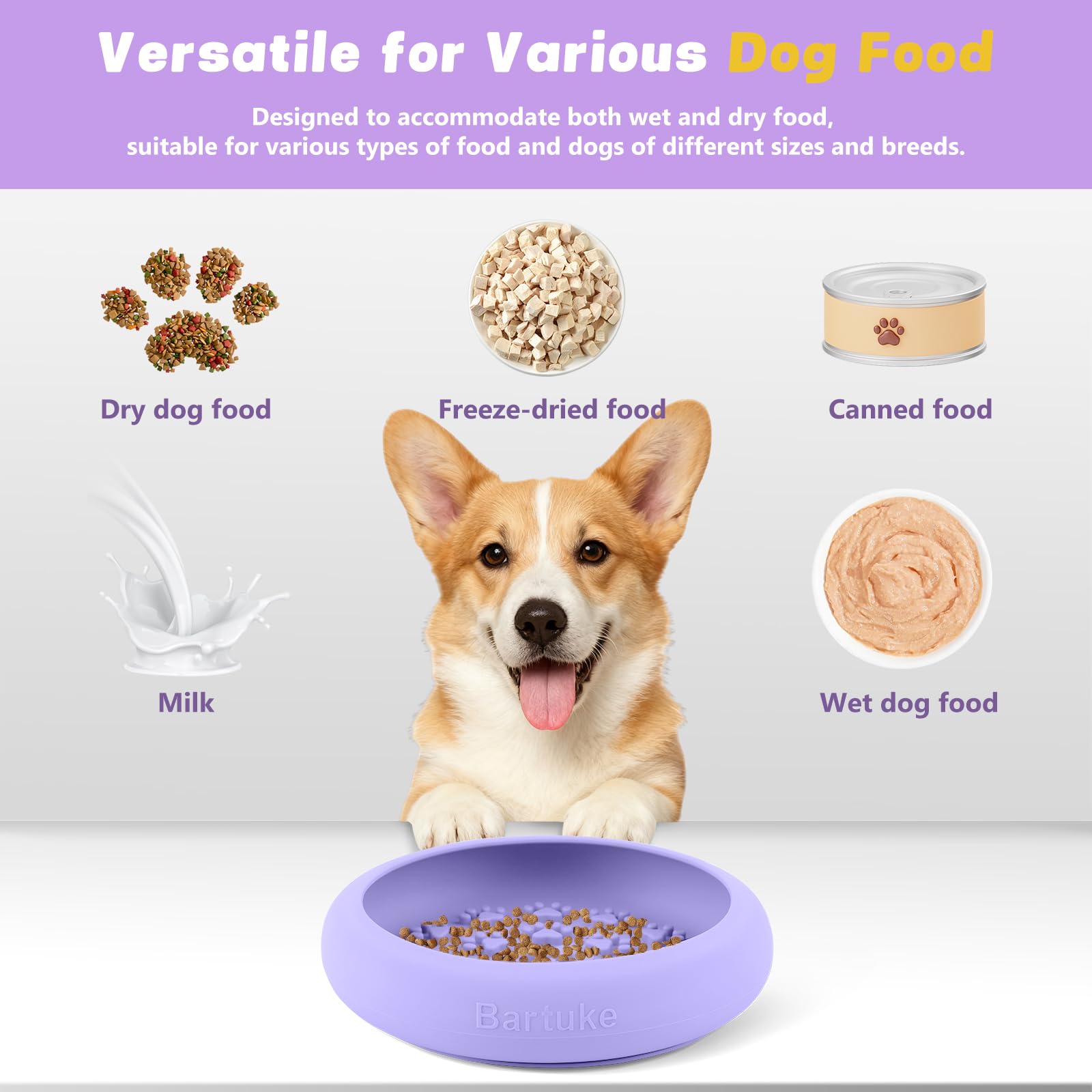 Grande ciotola per cibo in silicone, 21 x 21 x 5 cm, per cani con supporto a ventosa antiscivolo per mangiare lento e allenarsi, impedisce l'ingestione, facile da pulire (viola)