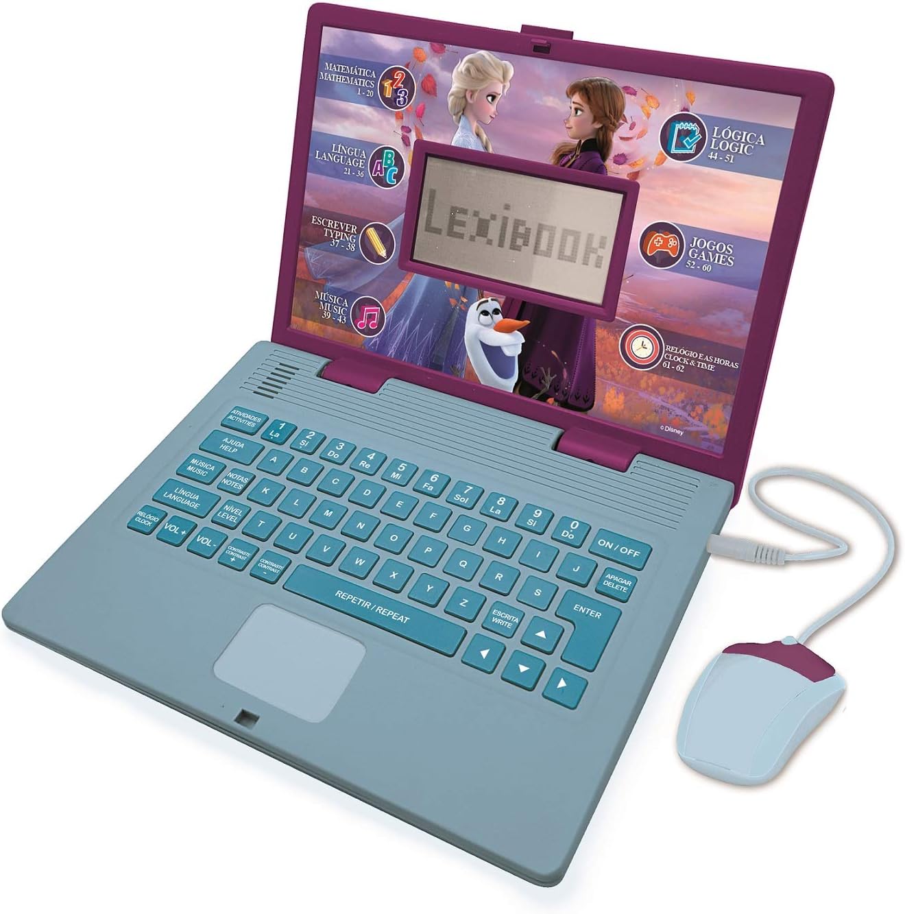 LEXIBOOK, Disney Frozen 2, Educational and Bilingual Laptop PORTUGUESE/ENGLISH, Toy with 124 Activities to Learn, Play Games and Music with Elsa & Anna, Blue/Purple, JC598FZi4