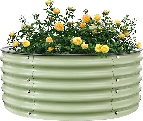 Nossta Round Raised Garden Bed Kit, 3.5x3.5x1.4Ft Outdoor Zinc-Aluminum-Magnesium Metal Flower Beds Stainless Steel Patio Ground Planter for Planting Vegetables (Light Green)