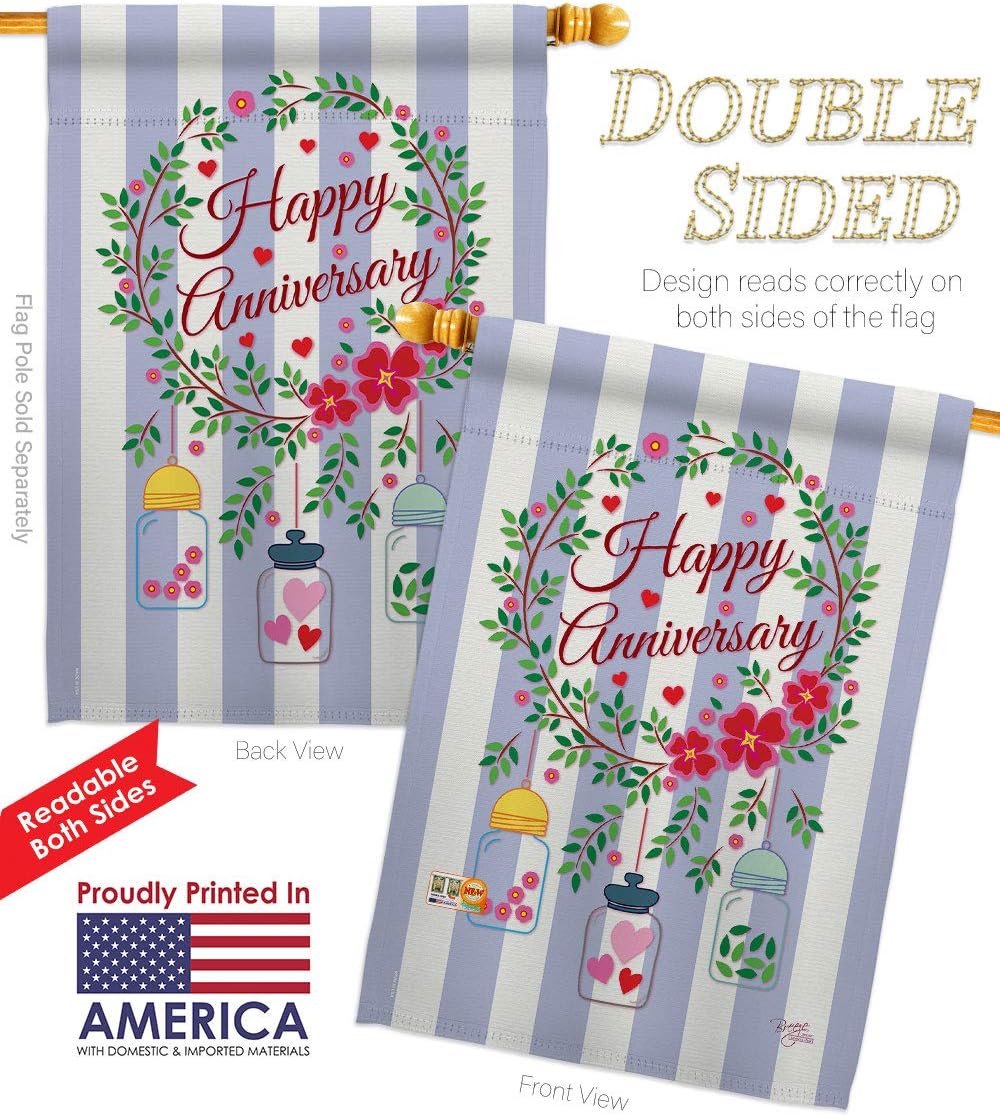 Happy Anniversary Garden House Flags Set Celebration Couple Married Wedding Occasion Party Valentines Small Decorative Gift Yard Banner Double-Sided Made In USA 28 X 40