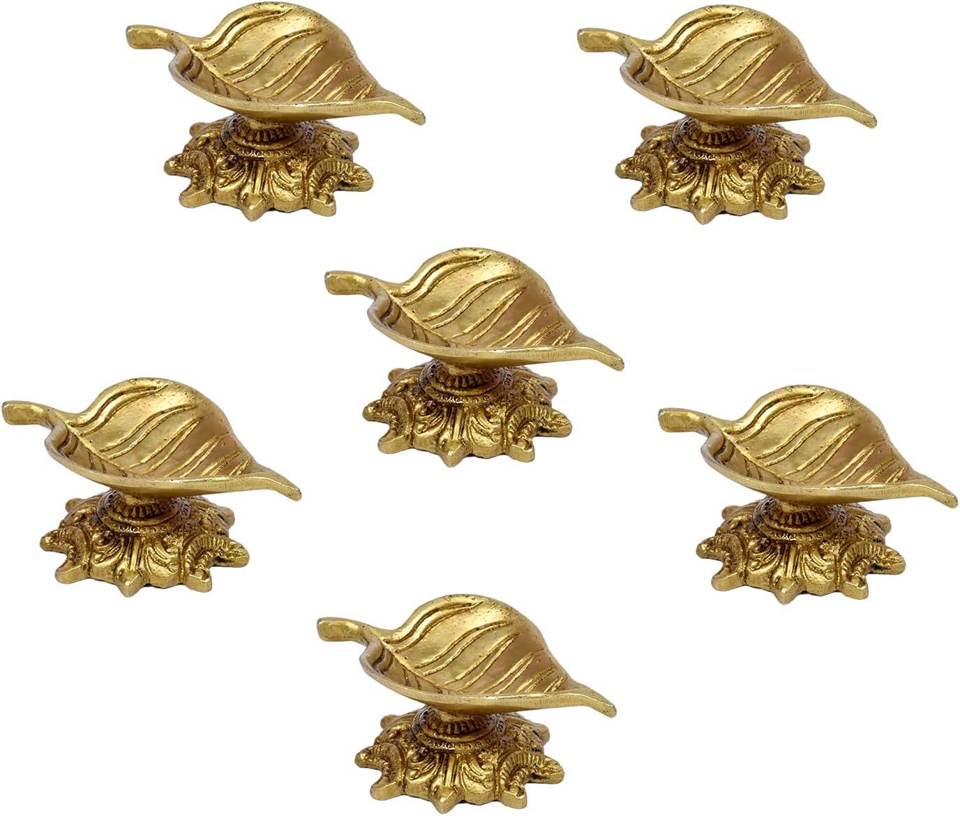 Indian Shelf Handmade Pack of 6 Brass Golden Floral Round Design Diya Oil Lamp Deepam Deep Diwali Home Décor