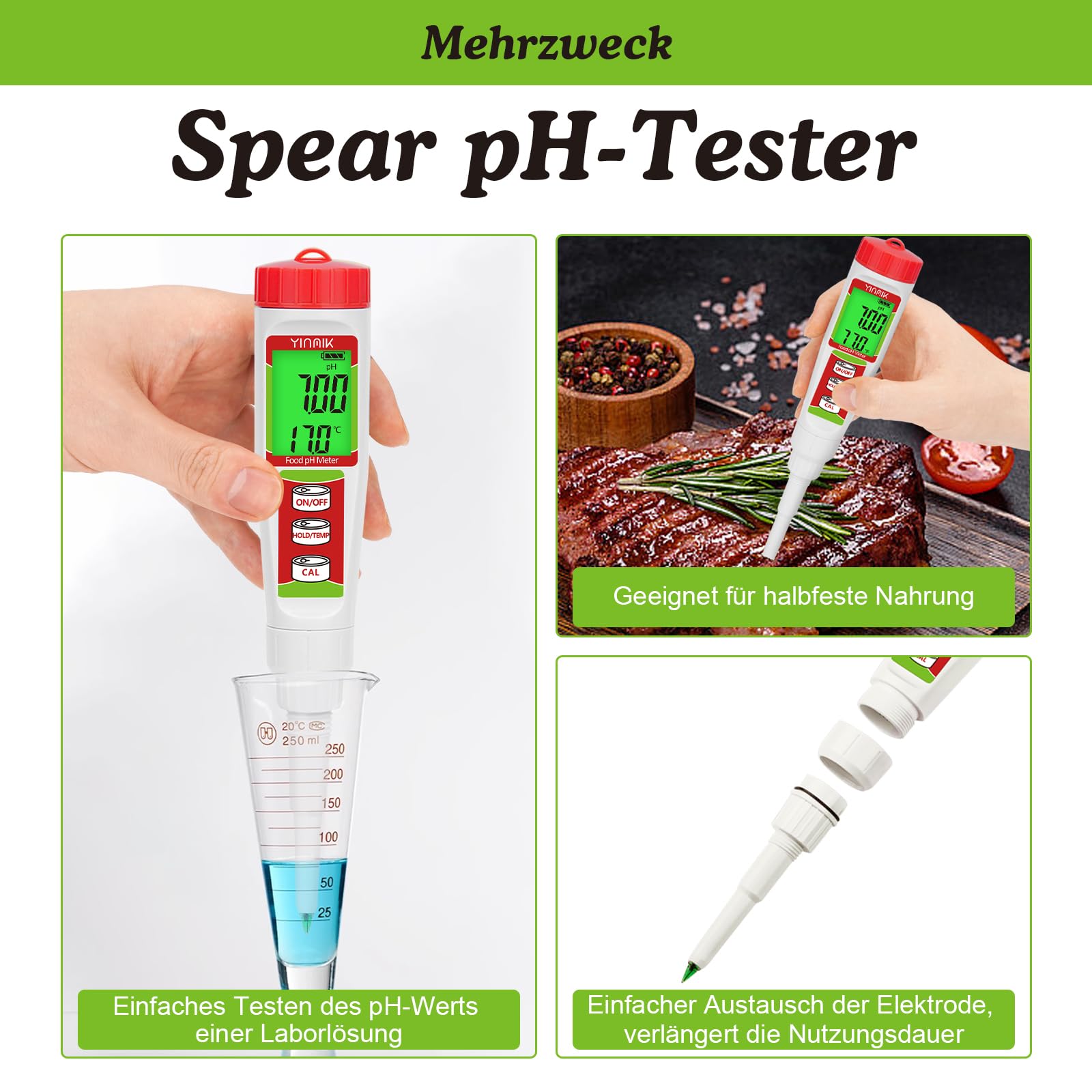 Digitales pH Messgerät, YINMIK pH Tester für Lebensmittel mit Kalibrierlösung, pH Wert für Fermentation, pH Lebensmitteltester für Teig, Sushi Reis, Kombucha, Seife, Käse,Fleisch, Pool und wasser