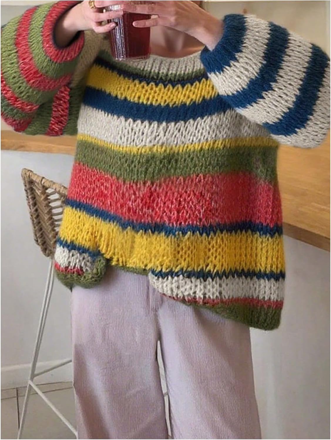 Milumia Women's Rainbow Striped Crochet Sweater Fall Long Sleeve Oversized Pullover Knit Tops - Image 2