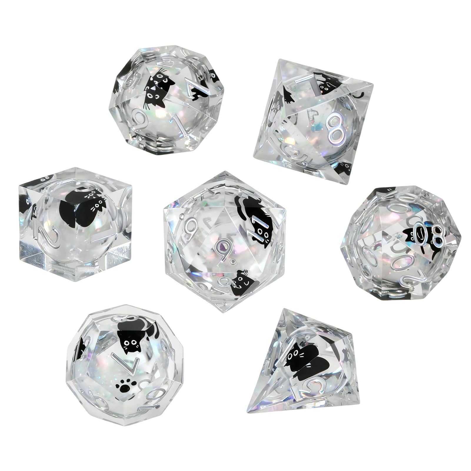 7 PCS Liquid Core Polyhedral DND Dice Set,Resin Sharp Edge RPG Dice with Cat Animal for Dungeons and Dragons Role Playing Games MTG Pathfinder Tabletop Games (D20 D12 D10 D8 D6 D4 D%)
