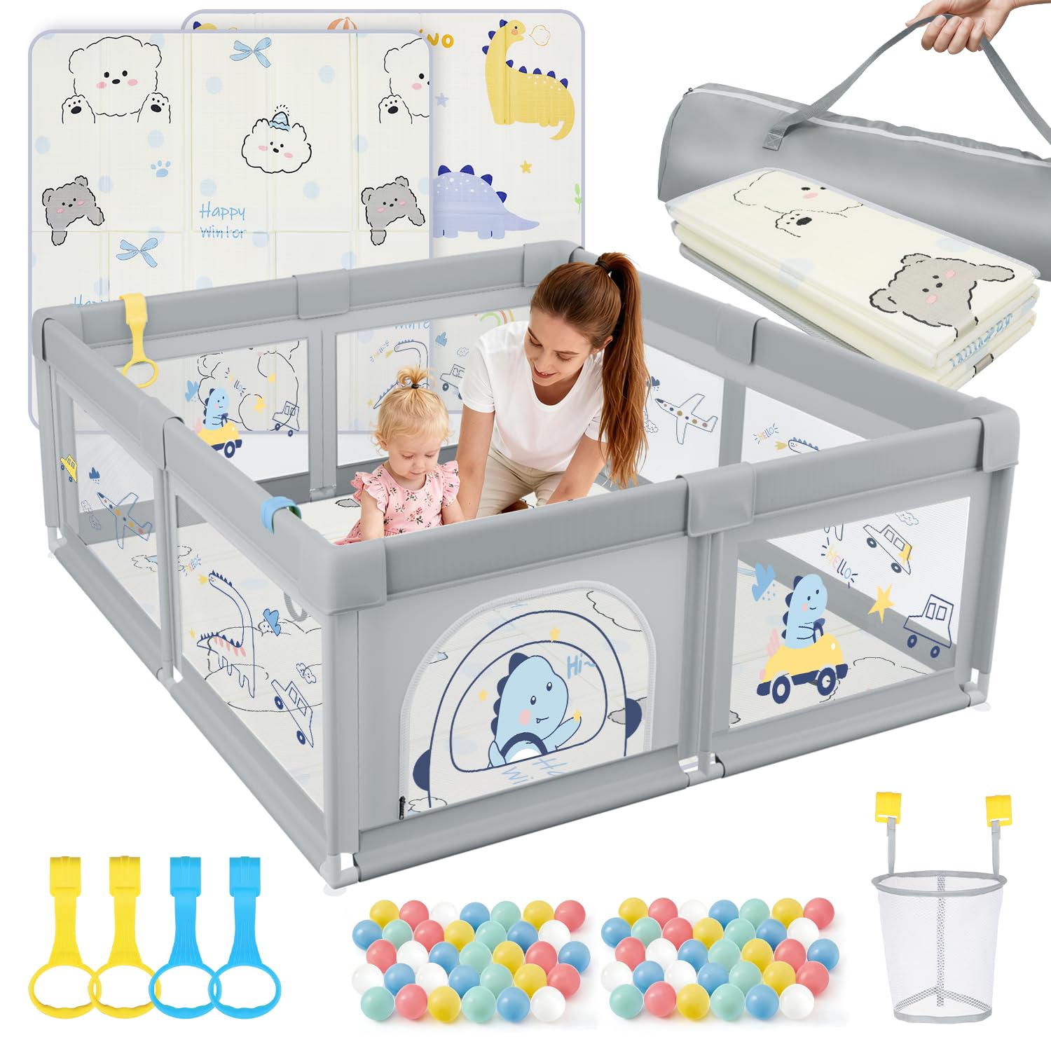 Laufstall Baby 120x120 mit Matratze, Laufgitter mit 360°Atmungsaktivem Netz, Oxford-Stoff, Rutschfester Basi, Sicher Aktivitätszentrum für Kinder, 60Ozeanbälle/4 Zugringen, Grauer Dinosaurier