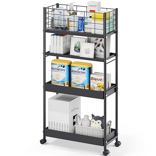 KINGRACK Slim Storage Cart, 4-Tier Metal Utility Rolling Cart with Wheels,Bathroom Organizer, Skinny Rolling Trolley, Mobile Shelving Unit for Office, Laundry Room, Narrow Place, Black