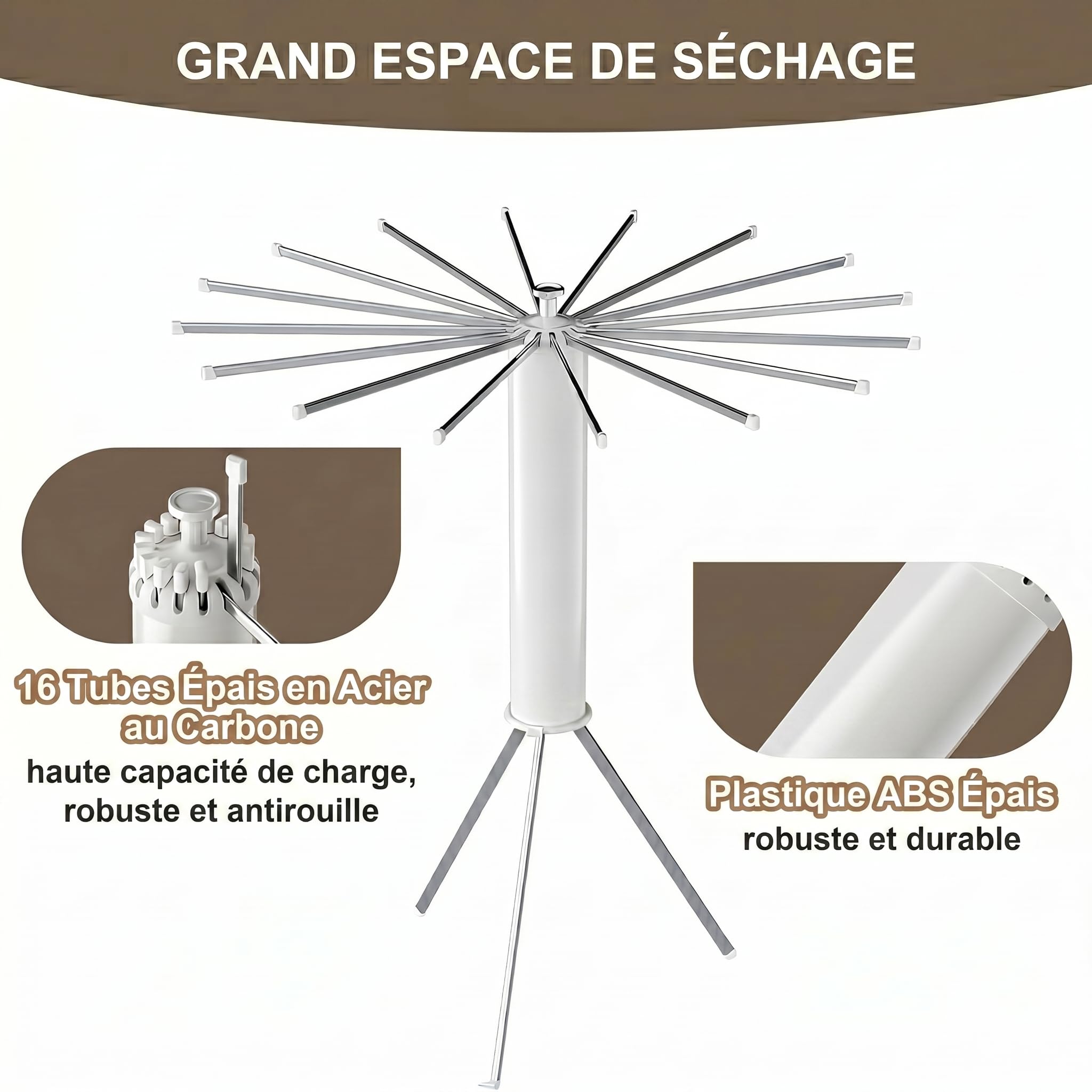 Étendoir à Linge Pliable 360° Pivotant – Séchoir à Linge Intérieur Extérieur Gain de Place avec 16 Bras en Acier Carbone, Étendoir Vertical Extensible pour Balcon, Camping, Buanderie
