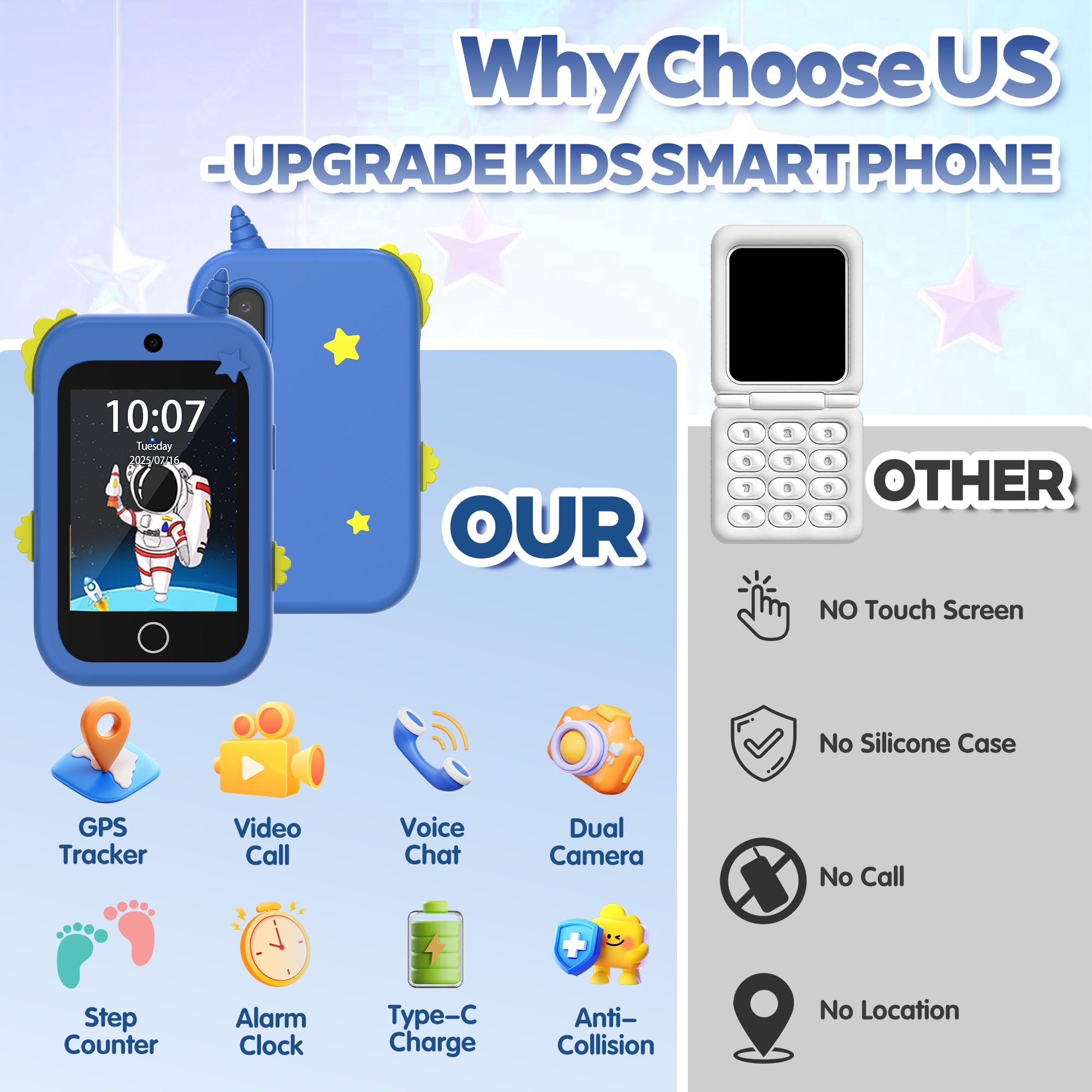 4G Téléphone Portable pour Enfants,Smartphone Enfant avec GPS Appel Vidéo Chat Familial SOS Double Caméra Podomètre Alarme Mode école,Téléphone Mobile Intelligent Cadeau d'anniversaire de Noël