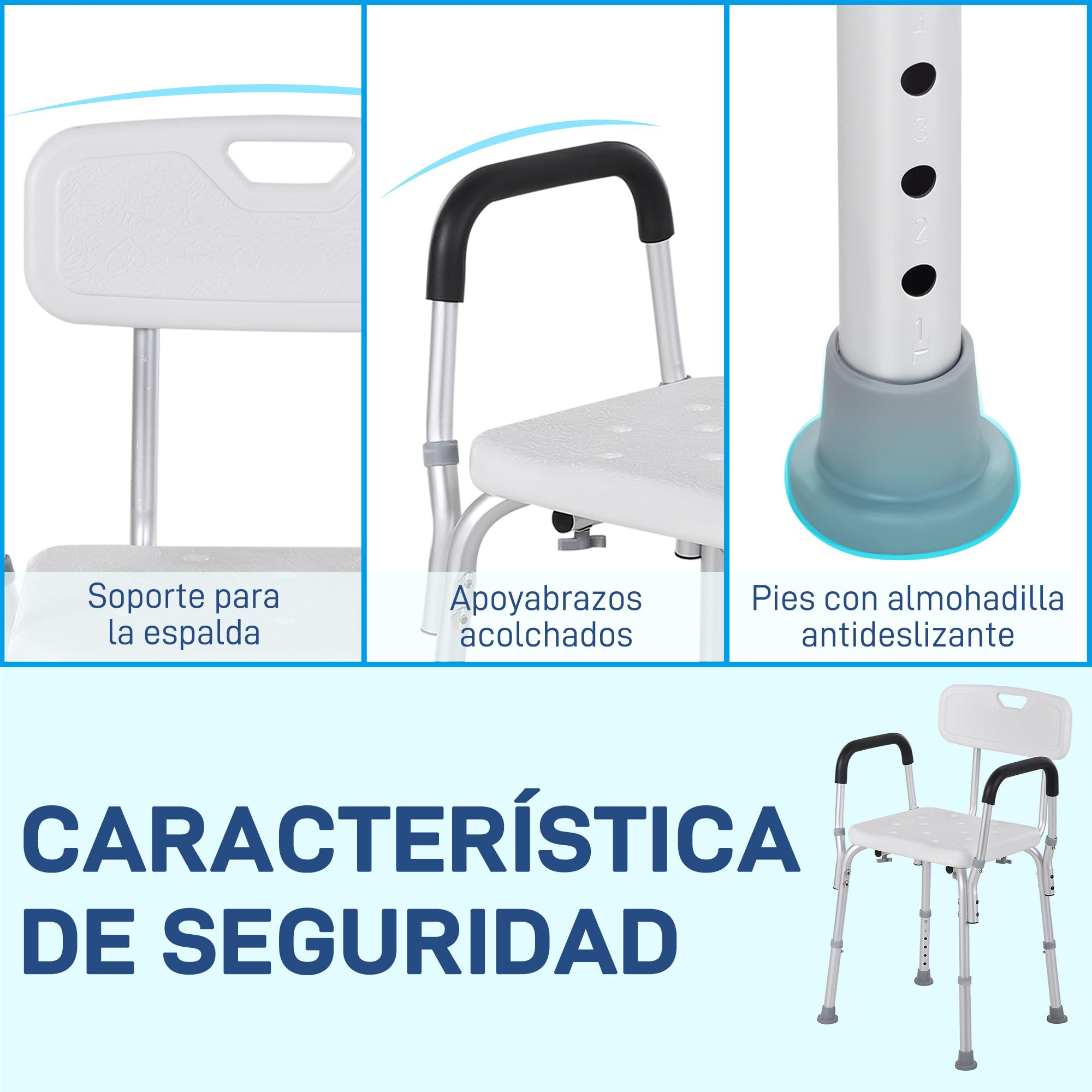 HOMCOM Silla Ducha Personas Mayores Antideslizante con Altura Ajustable | Taburete Ducha, Reposabrazos Regulable, Carga 136 kg, Ancianos Discapacitados, Silla para Baño